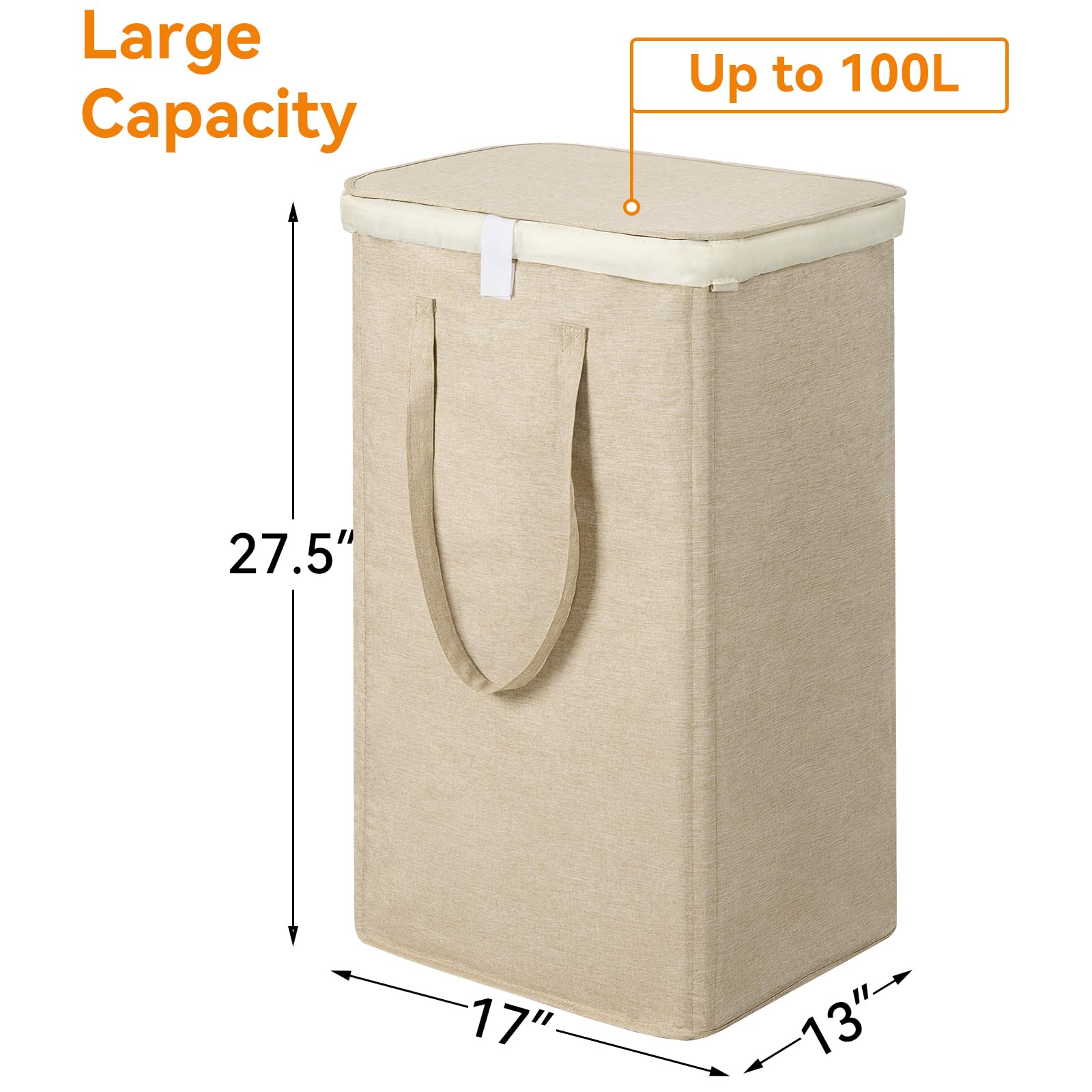 Wowlive 100L Laundry Hamper With Lid, Large Foldbale Laundry Basket With 2 Removable Bags And Handles, Tall Collapsible Dirty Cl