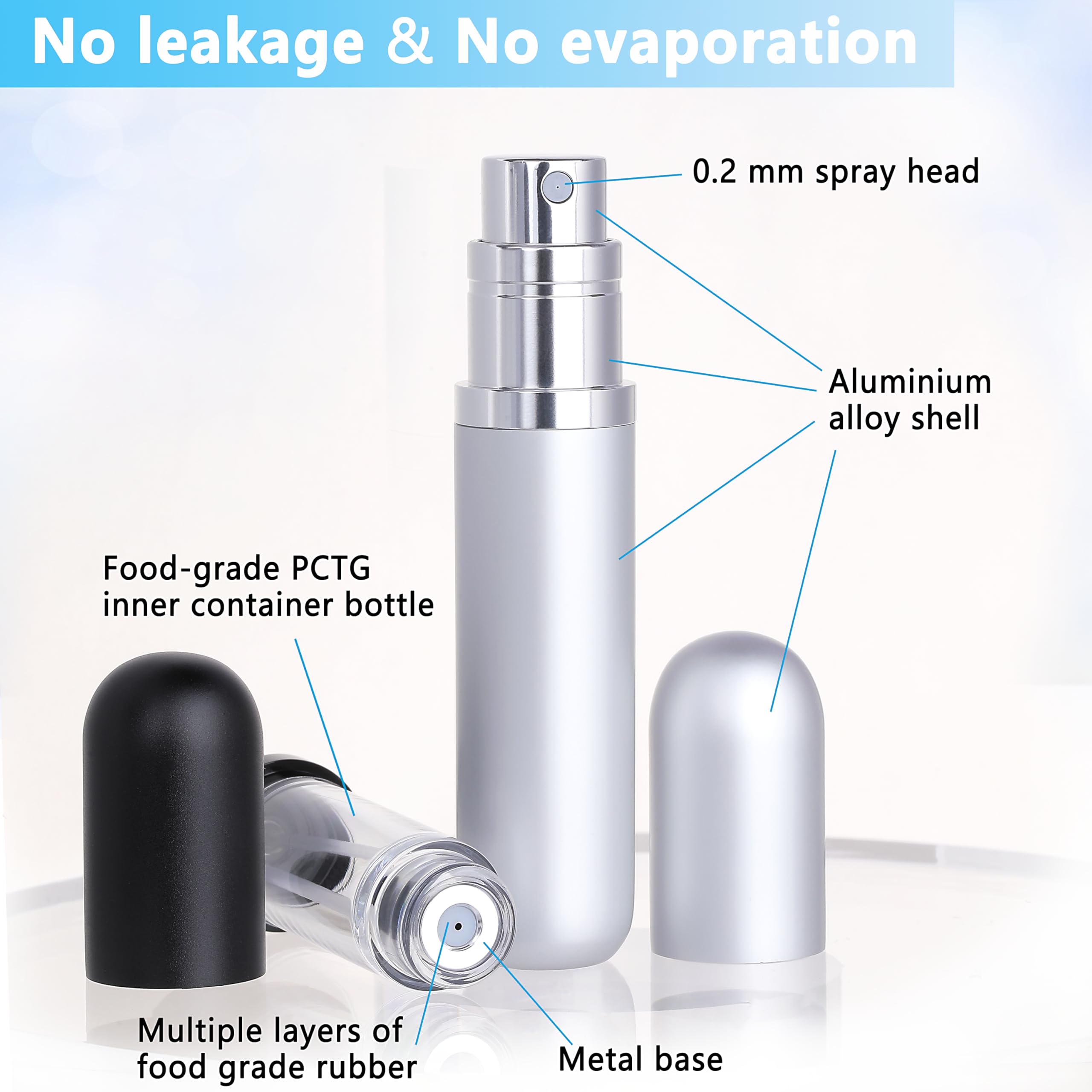 Qavhun Travel Refillable Perfume Atomizer Bottle 2-Pack 5Ml Leakproof Travel Perfume Refillable Bottle (Black & Silver)