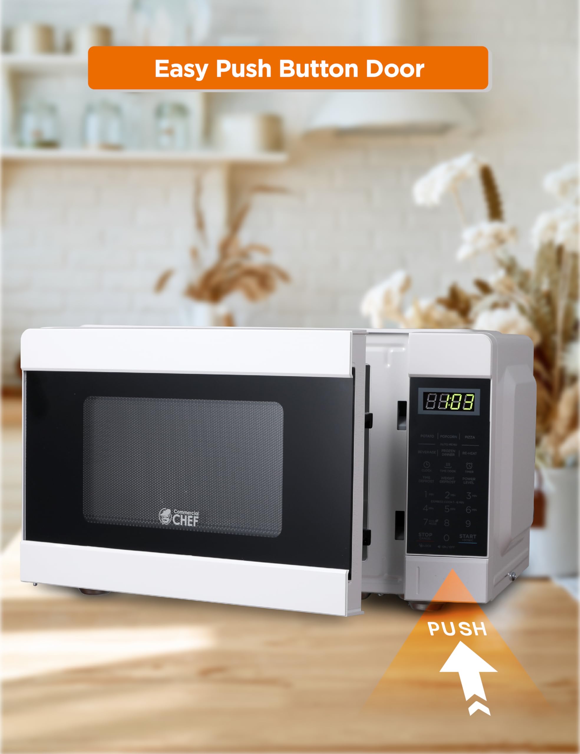 Commercial Chef 0.9 Cu Ft Microwave With 10 Power Levels, Push Button And Child Lock, 900 Watt Microwave With Digital Controls,
