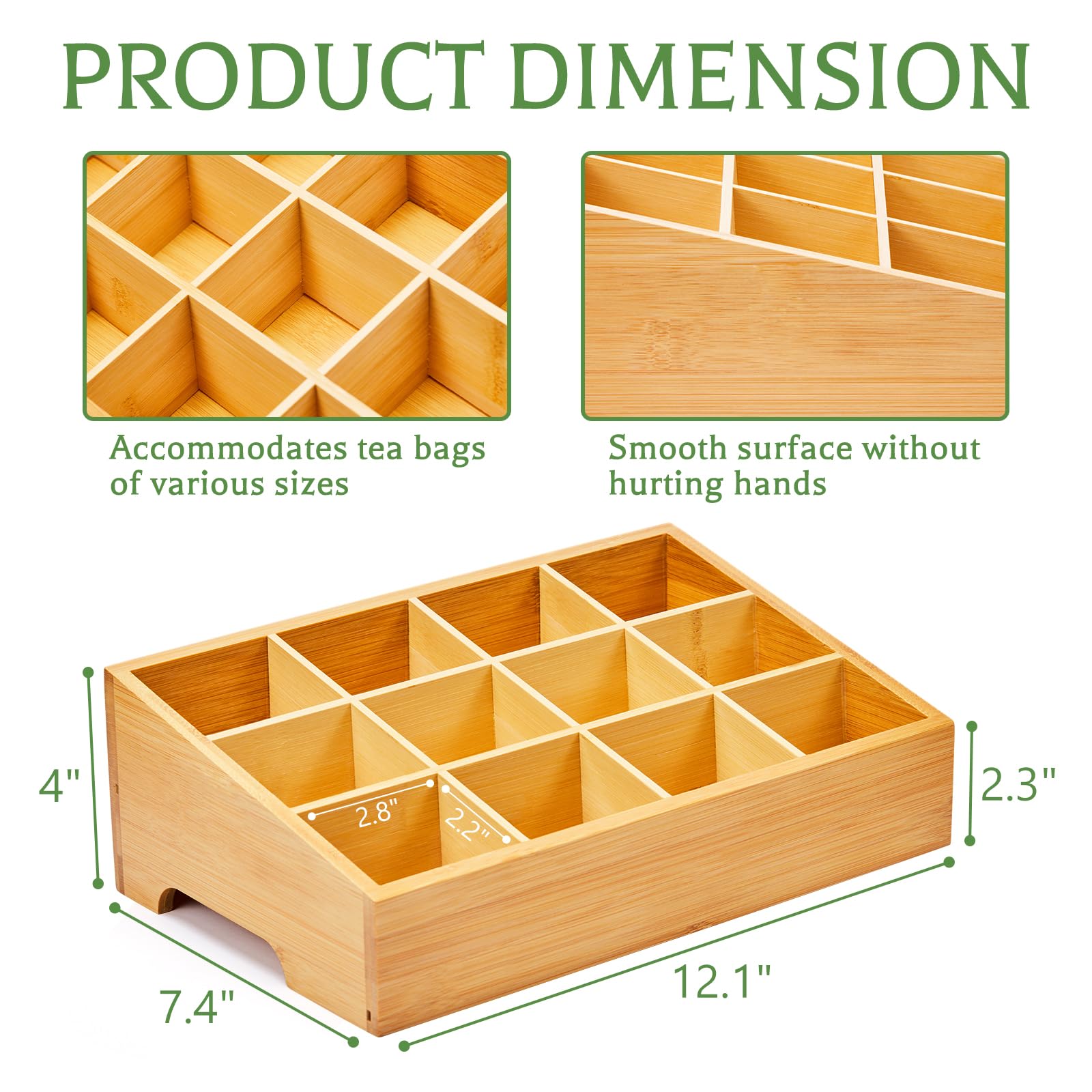 Timieeya Tea Bag Organizer - Bamboo Tea Storage Organizer With 12 Compartments, 1 Layer Tea Organizer For Tea Bags Natural Bambo