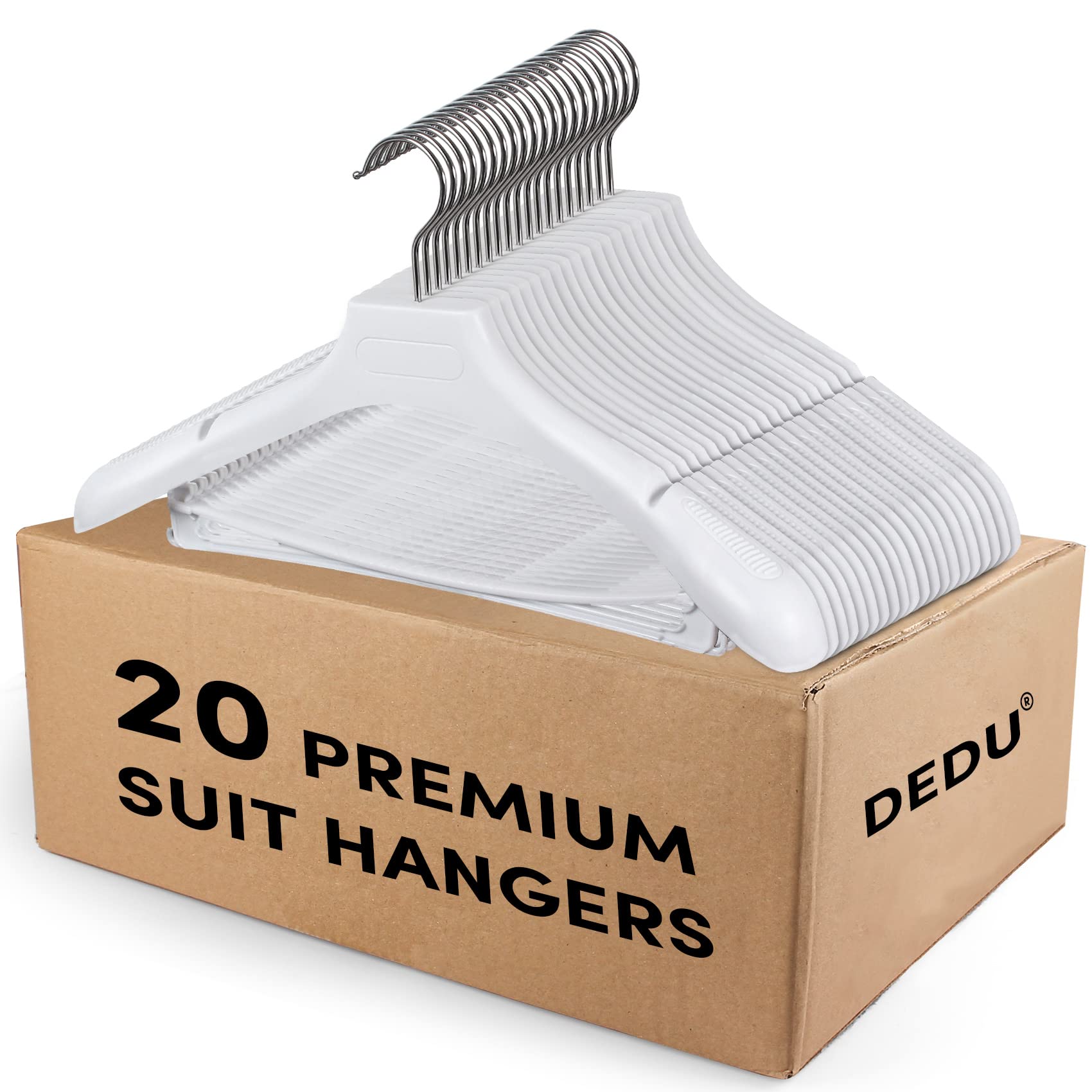 Dedu Plastic Extra Wide Shoulder Suit Hangers For Men 20 Pack Width 17.3'', White Sweater Hangers No Shoulder Bump Non Slip For