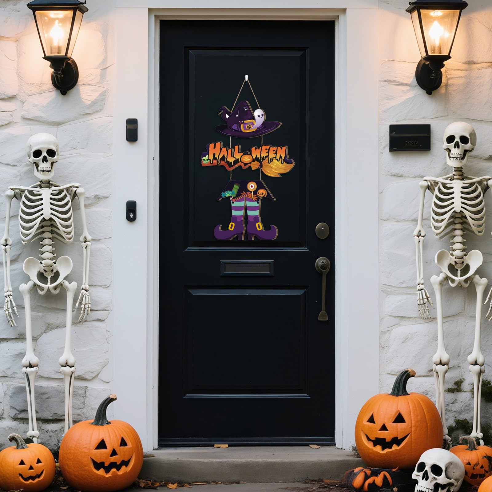 Aurlan Halloween Witch Legs Hat Wooden Hanging Sign, Trick Or Treat Door Decor, Spooky Ghost Decor, 11.42X11.42 inch, Wood