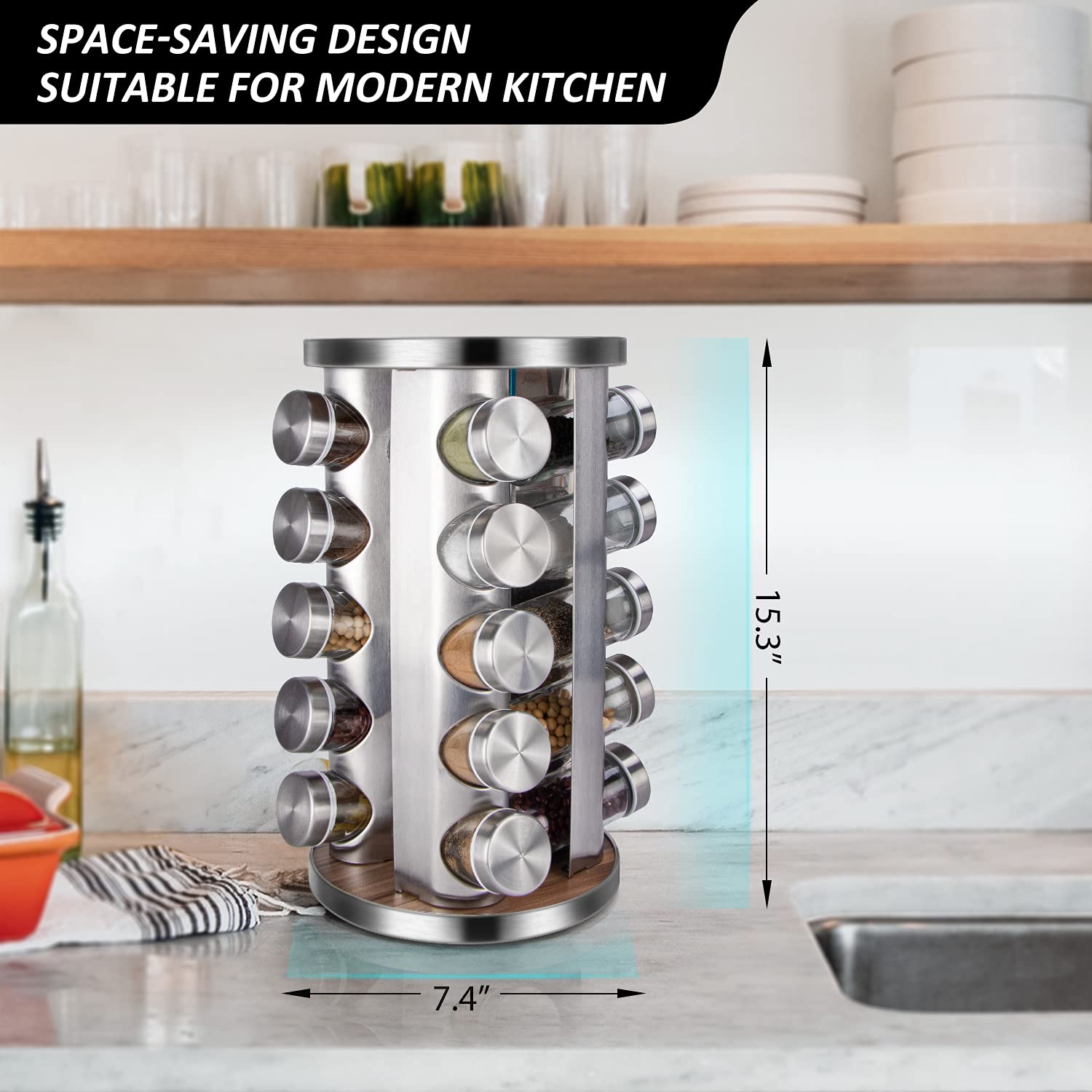 dasaka Rotating Spice Rack Organizer with Jars(20Pcs), Seasoning Organizer for Cabinet, Kitchen Spice Racks for Countertop, Revo