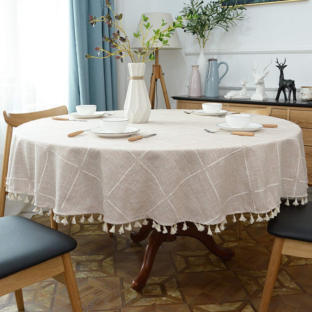Heavy Weight Cotton Linen Tablecloth  Plaid Tassel Round Table Cover for Kitchen Dining Room Tabletop Decorations  Round - 78''  Beige
