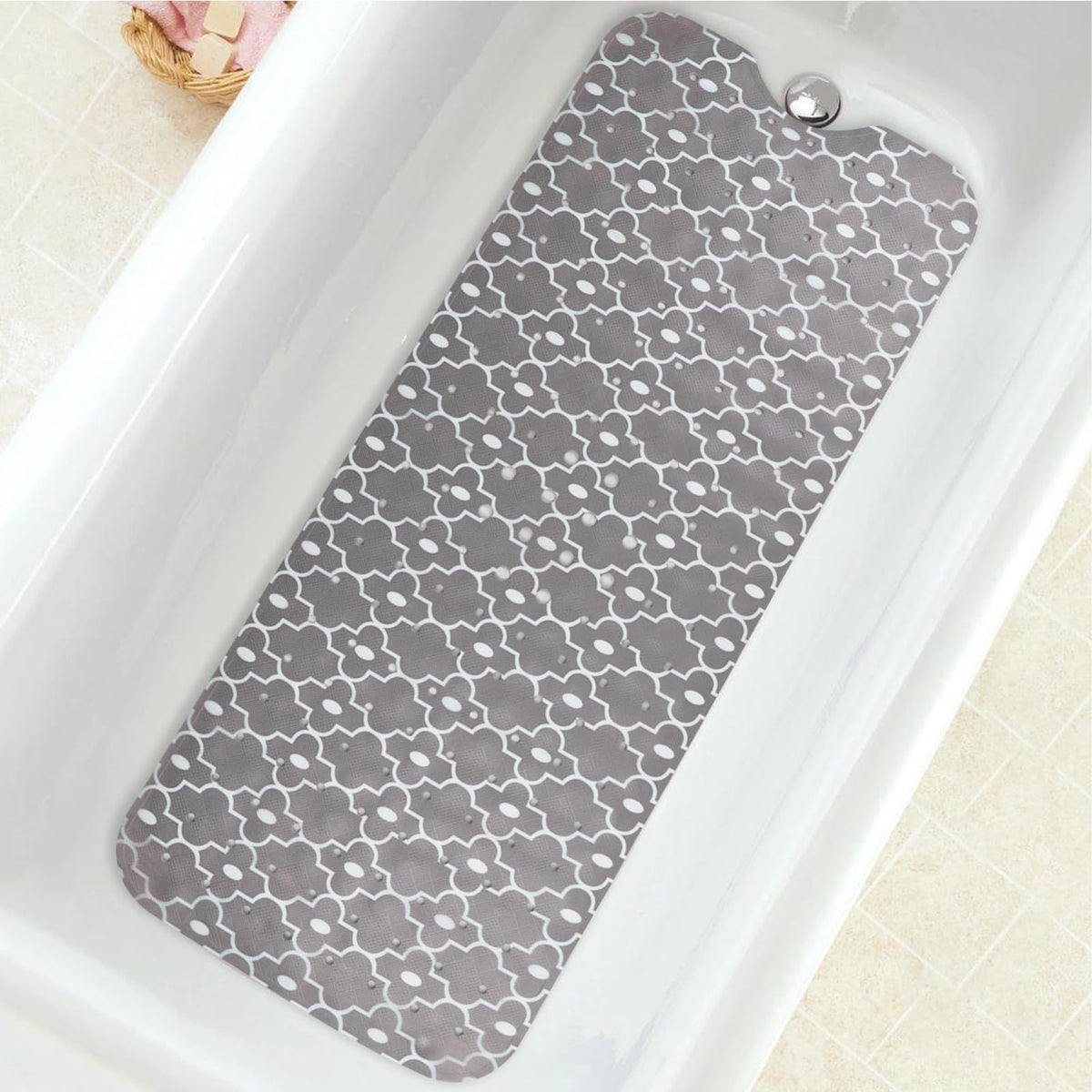 Bathtub Mat Non Slip, Grey Extra Long Bath Tub Mat Shower Floor Mat With Suction Cups And Drain Holes For Adults Kids Elderly 40