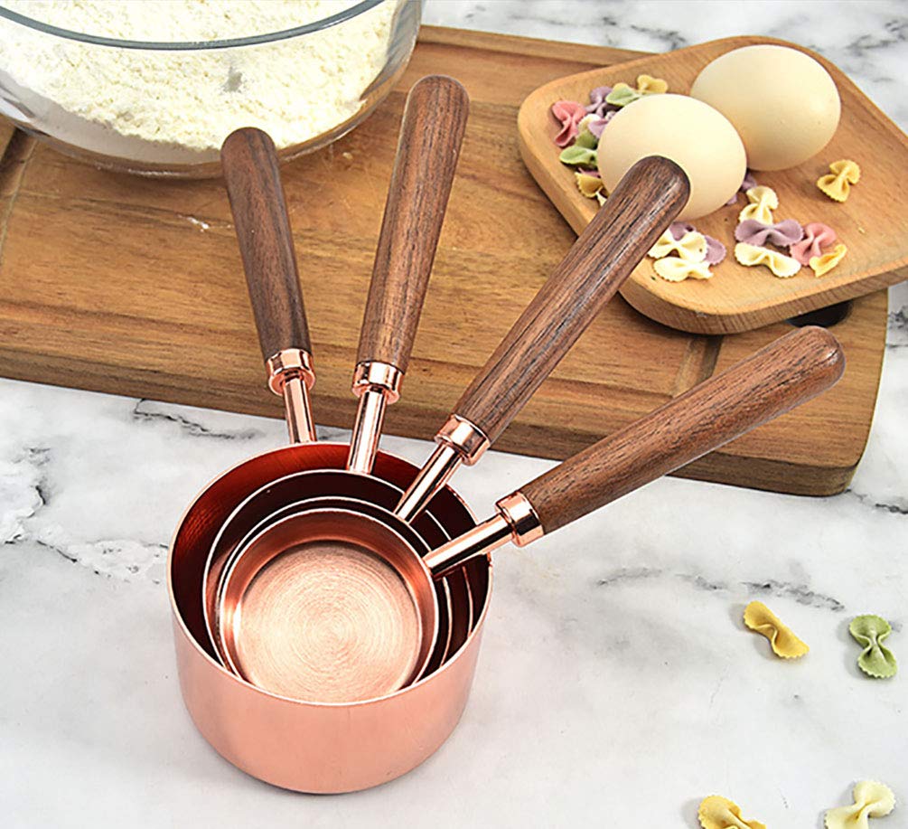 Goeielewe Set of 4 Copper-Plated Stainless Steel Measuring Cups with Walnut Handle - 1/4, 1/3, 1/2, 1 Cup Sizes