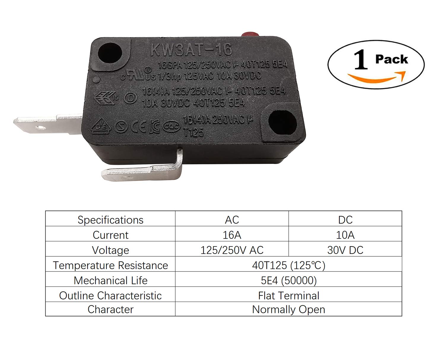 Microwave Oven Door Switch Replacement Part, 16A 125Vac, Kw3At-16 (Downward Compatible With Kw3A-16), Normally Open - 1Pc