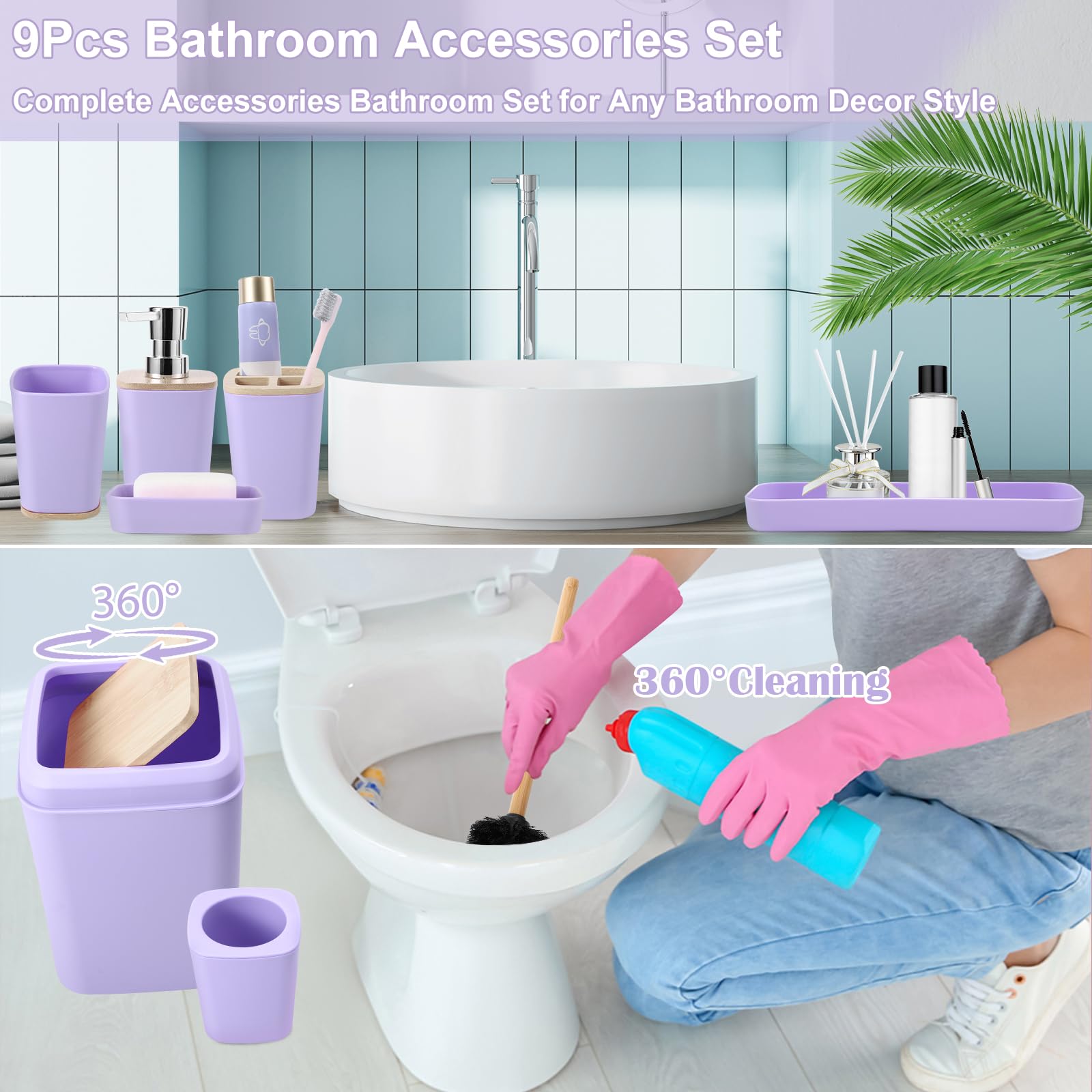 Purple Bathroom Accessories Set, 9 Piece Purple Bathroom Accessory Set With Trash Can,Toothbrush Holder,Toothbrush Cup,Lotion So