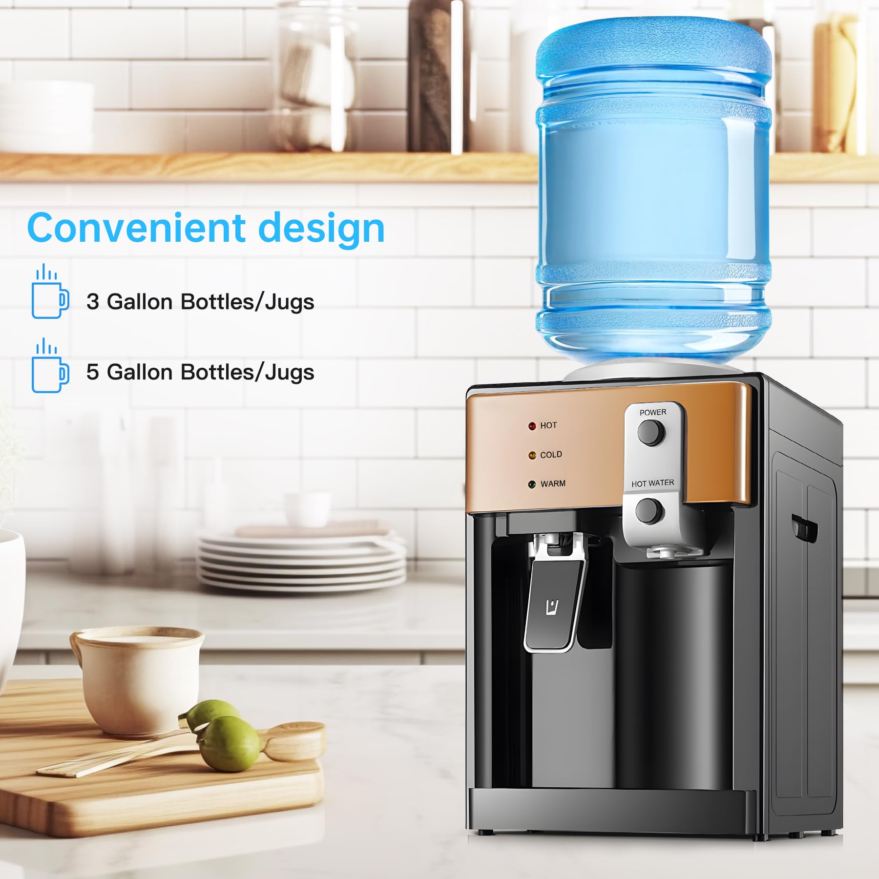 Water Dispenser, Top Loading Water Cooler For 1.2 To 5 Gallon, 3 Temperature Settings Room Temperature Water Cold Hot Water Disp