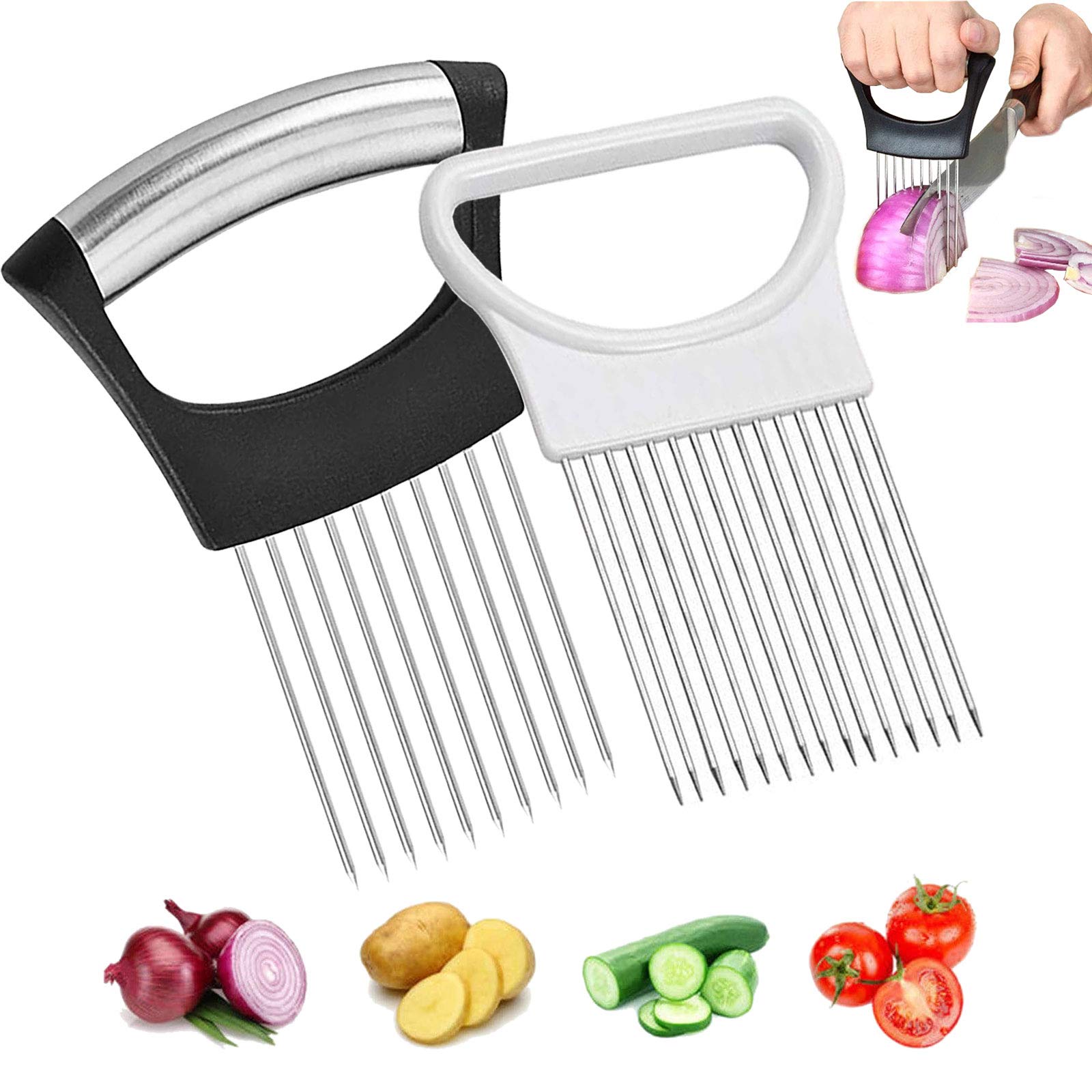 Food Slice Assistant Onion Holder Slicer - 2Pcs Stainless Steel Onion Holder Slicer Cutter Chopper - Tomato Vegetable Lemon Pota