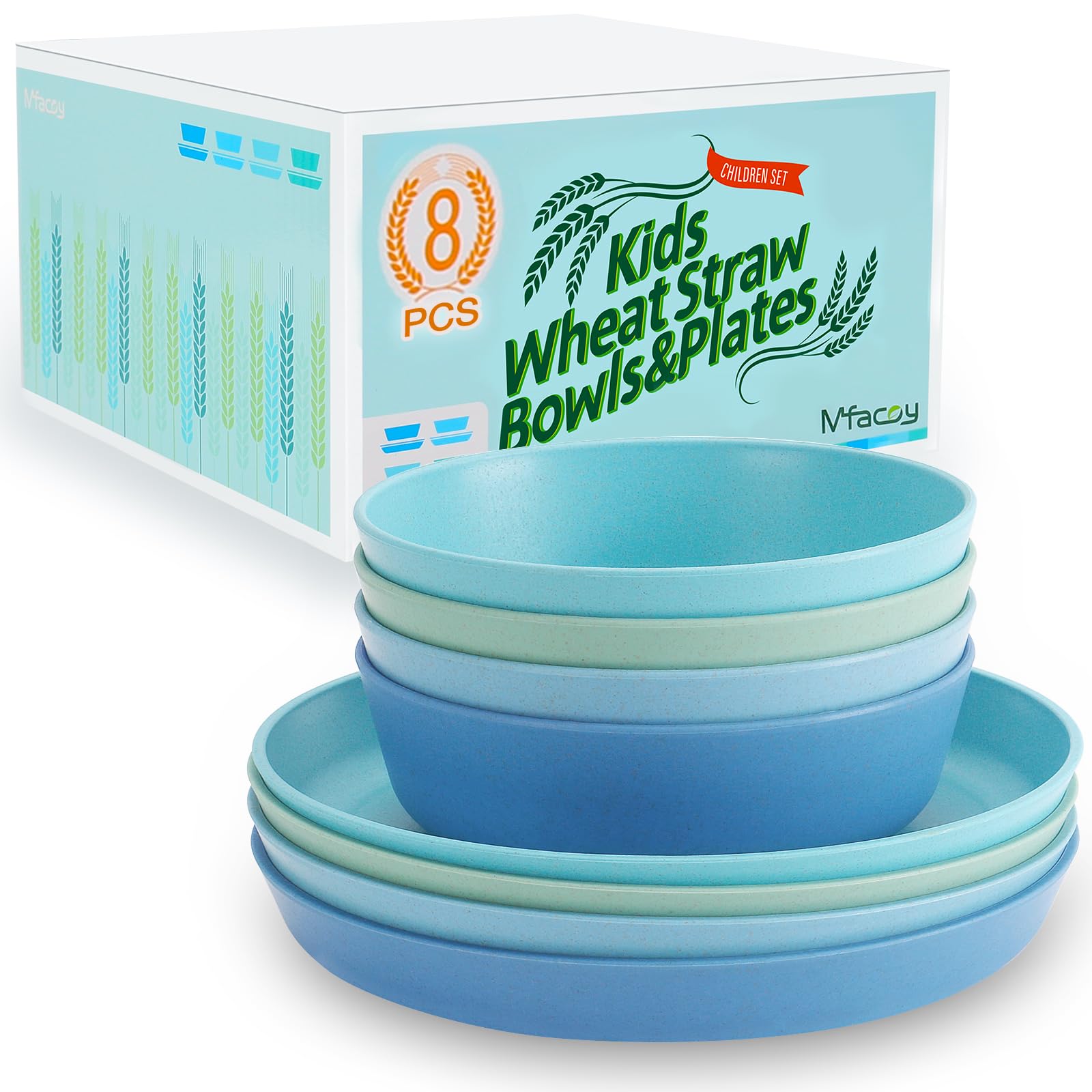 Mfacoy Wheat Straw Kids Plates and Bowls Set, Unbreakable Kids Dinnerware Set - 4 Pcs 7.75 Dinner Plates & 4 Pcs 18 oz Cereal Bo