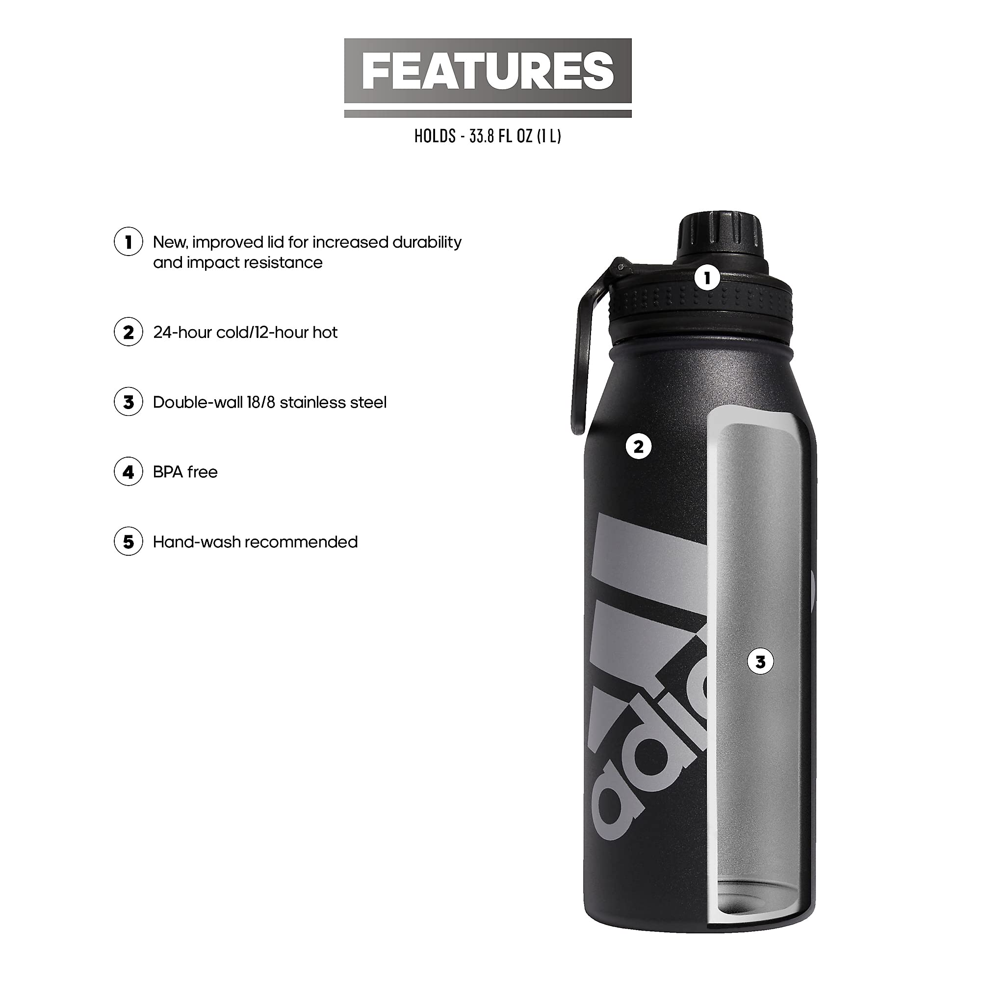 Adidas Unisex 1 Liter (32 Oz) Metal Water Bottle, Black/Silver Metallic, One Size