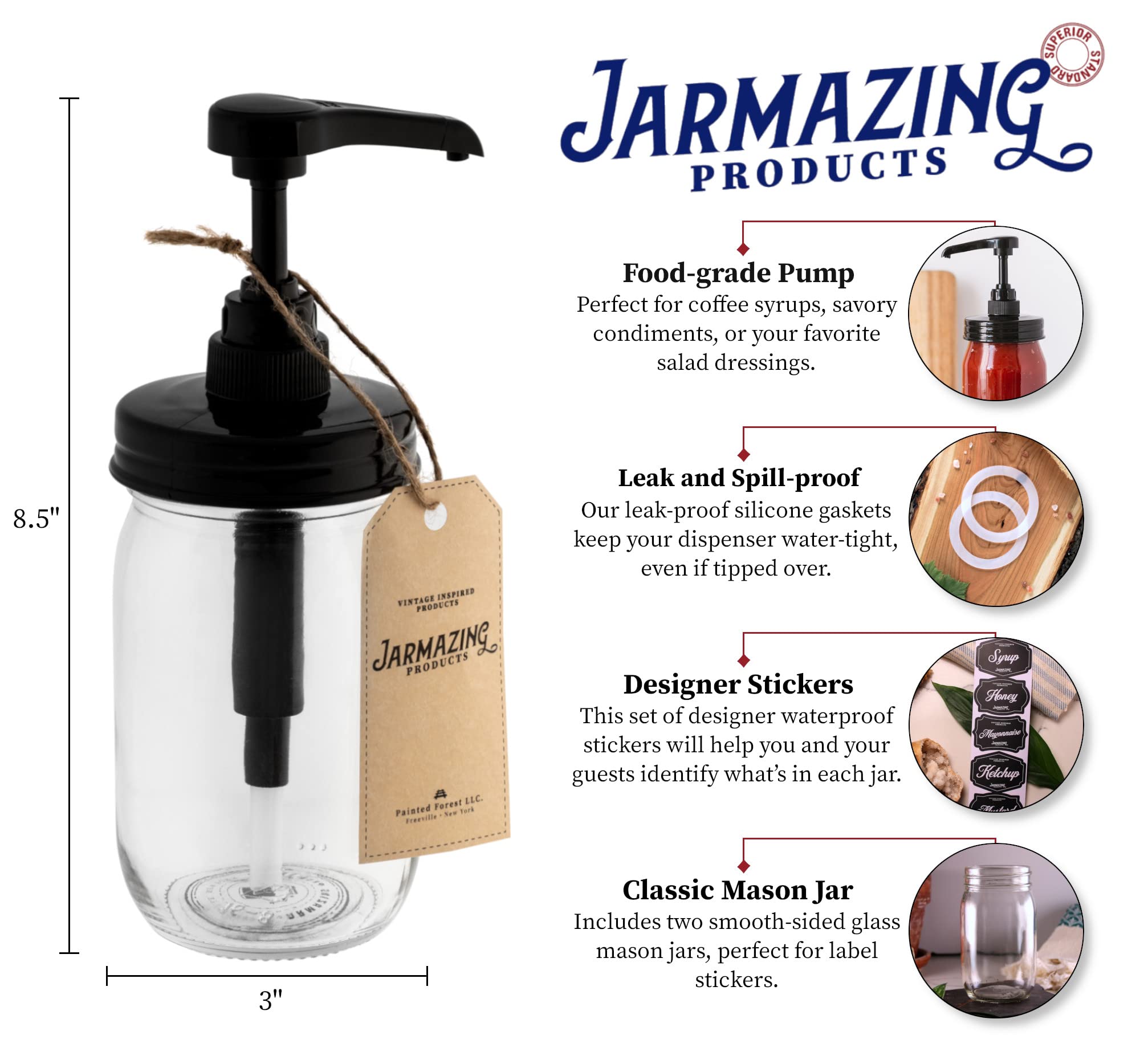 Jarmazing Products Mason Jar Syrup Dispenser - Set Of 2 - 16 Oz Smooth Jars With Rust-Proof, Leak-Proof, Food Grade Pumps For Ho