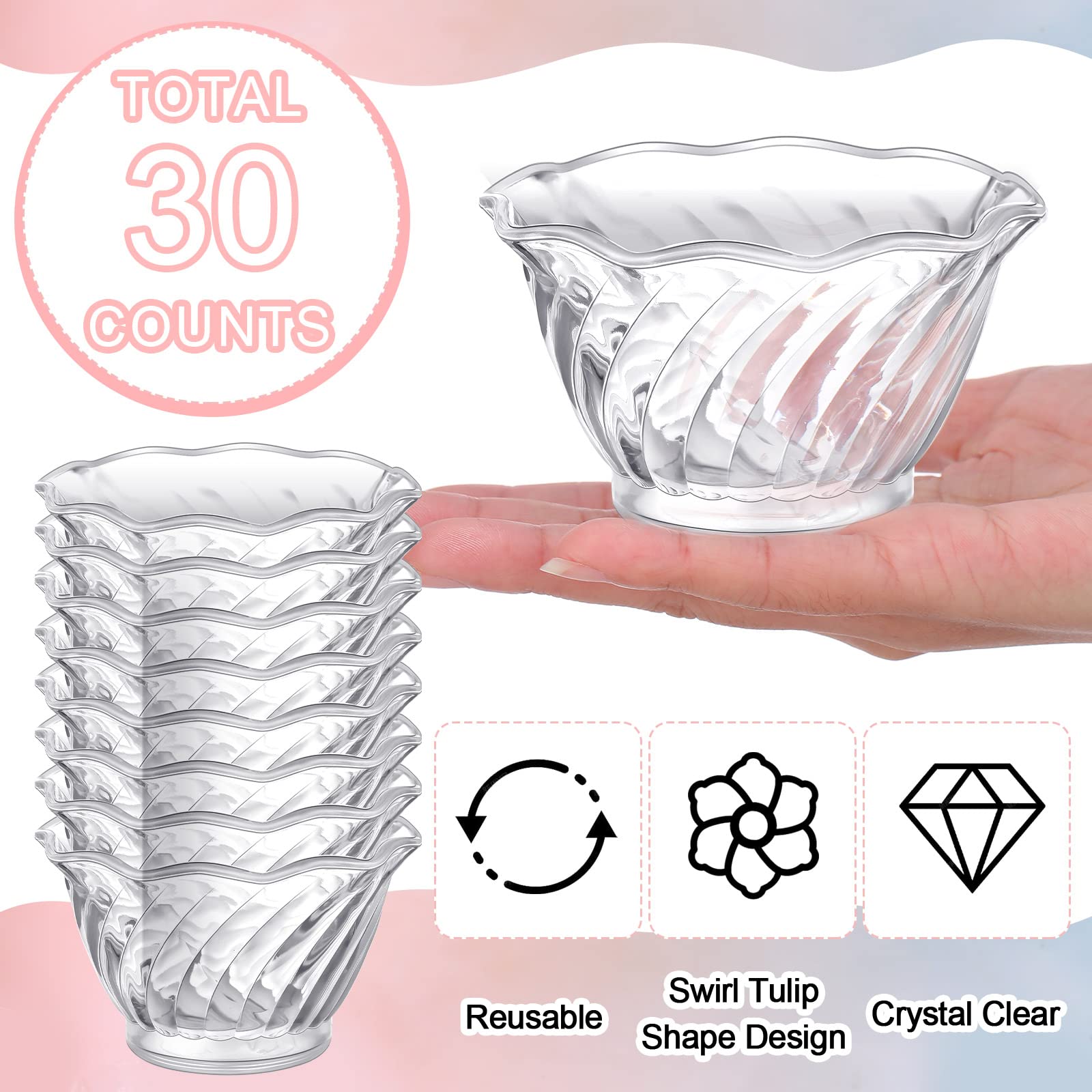 Rtteri 30 Pack Plastic Dessert Cups 6 Oz Clear Ice Cream Sundae Tasting Bowls, Mini Round Swirl Tulip Shape Party Buffet Serving