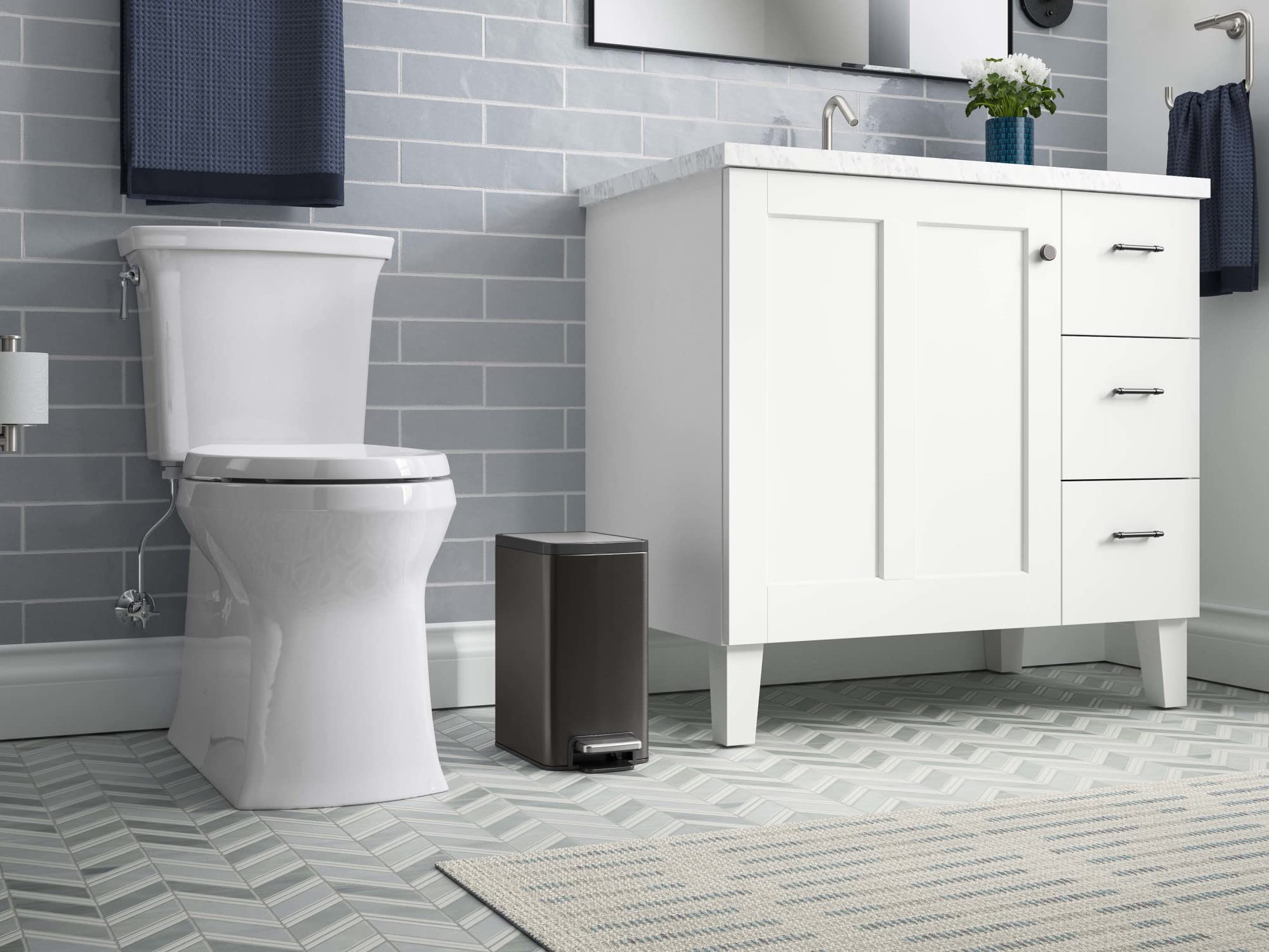 KOHLER 31319-BST Bathroom Trash Can, 1.6 Gallon, Black Stainless Steel, Quiet-Close Foot Pedal, Compact Design