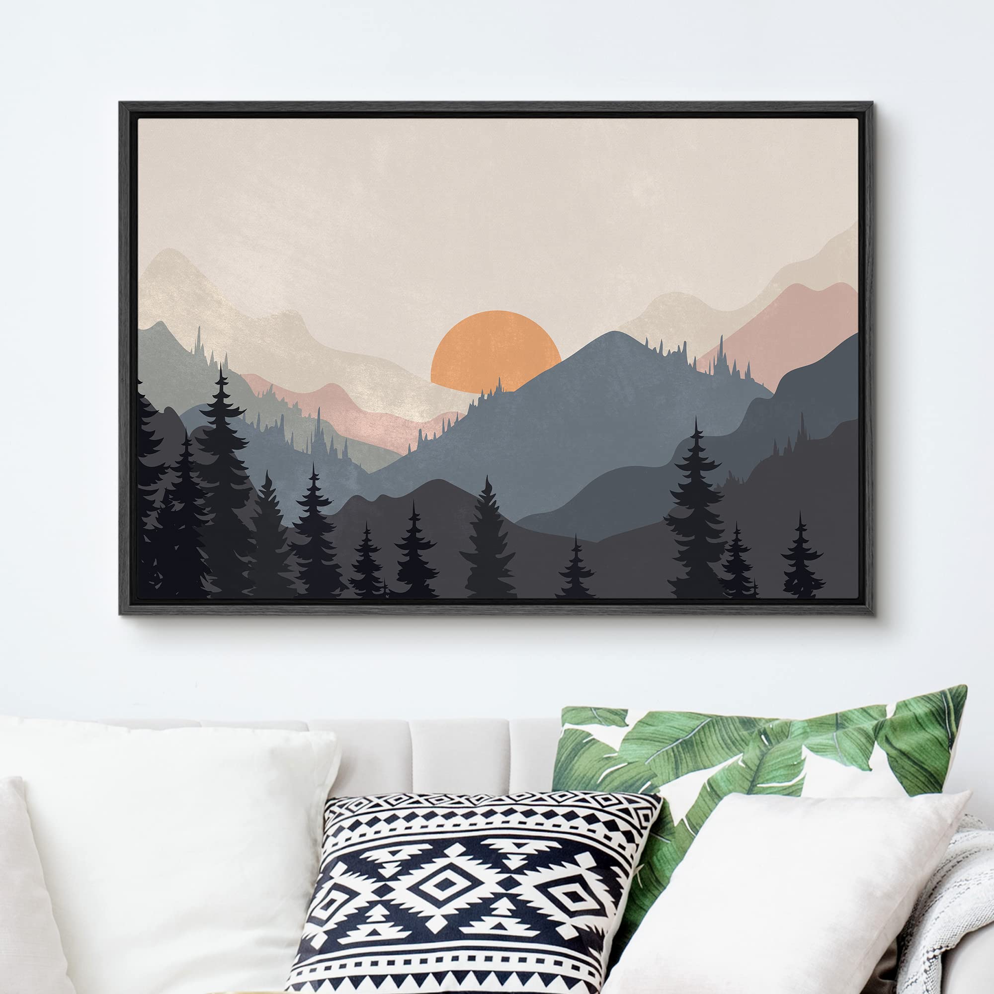 Signford Framed Canvas Print Wall Art Woodland Nursery Decor Sunrise Pastel Mountain River Nature Wilderness Modern Art Decorati