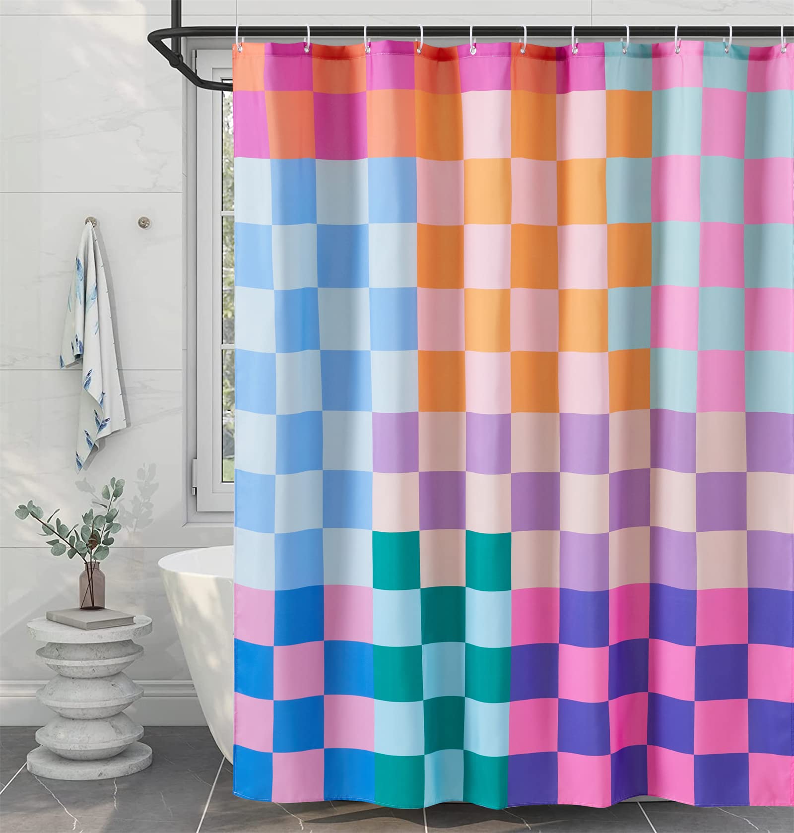 Roomtalks Multicolored Checkered Retro Fabric Shower Curtain For Bathroom Extra Long 72 Inches Length, Bright Rainbow Colorful M