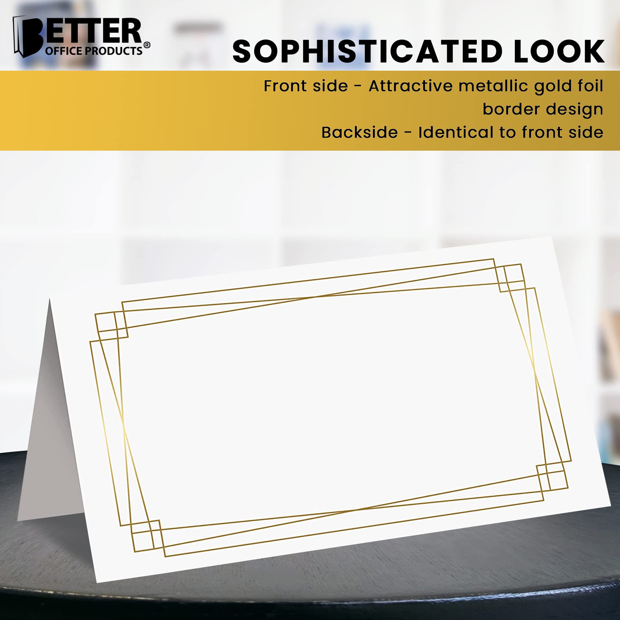 Better Office Products 100 Pack Place Cards, 2 X 3.5 In, White With Modern Metallic Gold Geometric Border, Folded Table Tent Car