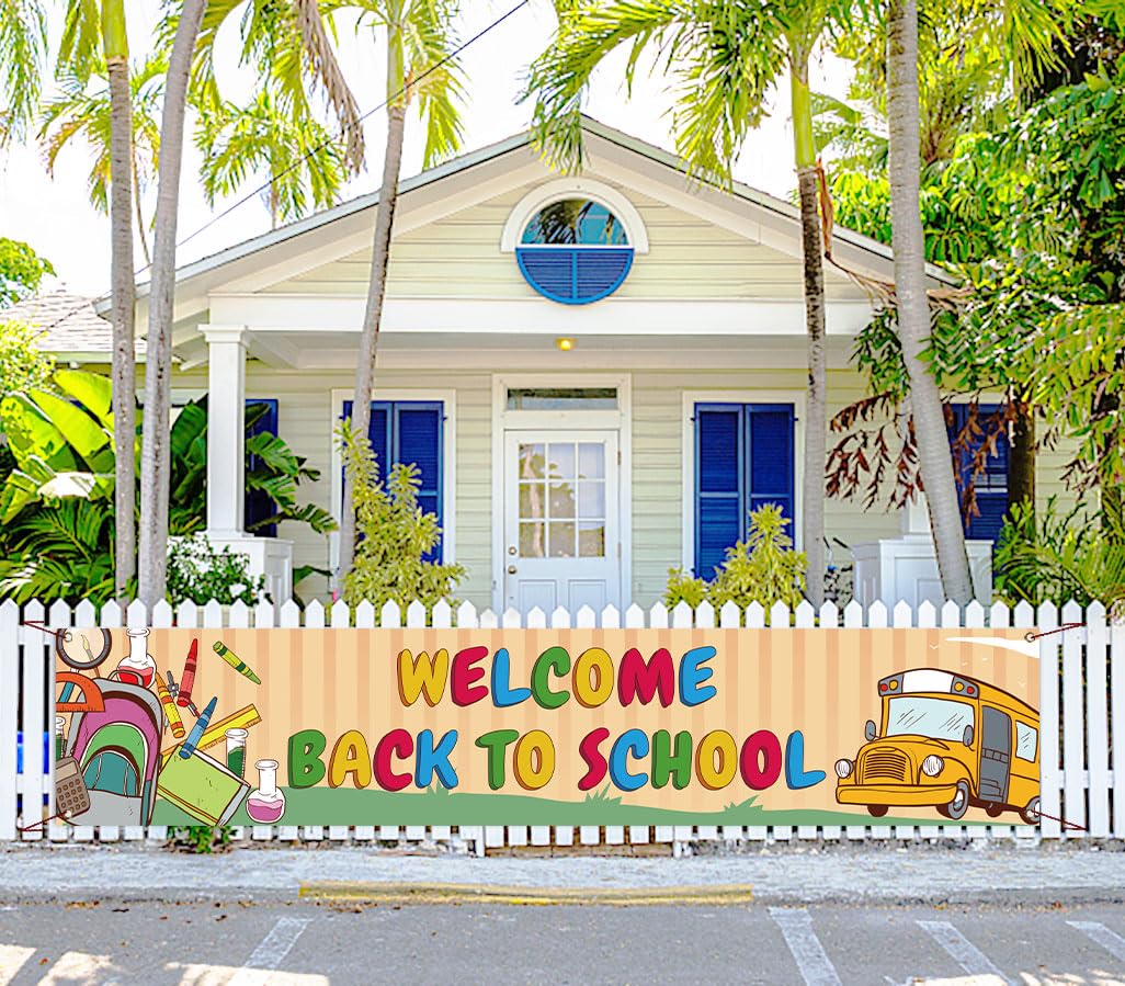 Vohado Welcome Back To School Fence Banner Students Kids First Day Of School Party Decoration School Bus Classroom Home Garden Y