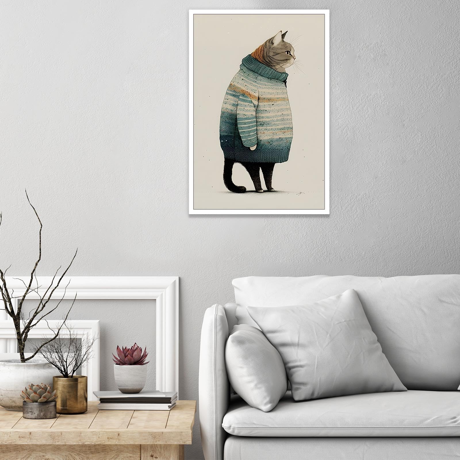 Tyohu Modern Winter Cats Wear Sweaters Posters Funny Minimalist Animals Wall Art Cute The Cat Snuggled In The Warm Sweater Print