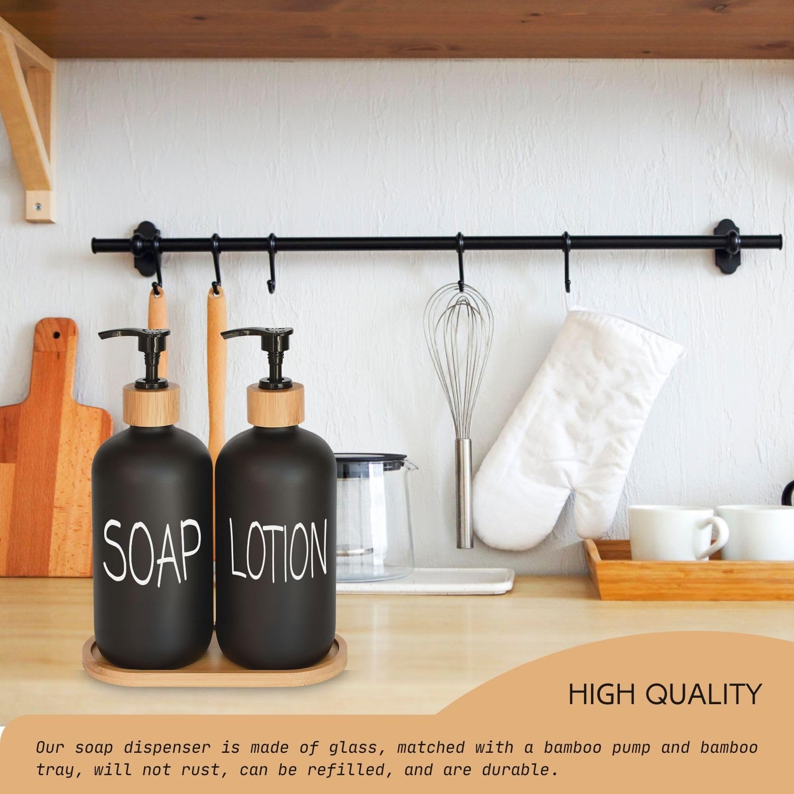 Black Soap Dispenser Bathroom Set, Set With Glass Dispenser, Bamboo Pumps & Tray. Hand And Lotion Suitable For Farmhouse Decor