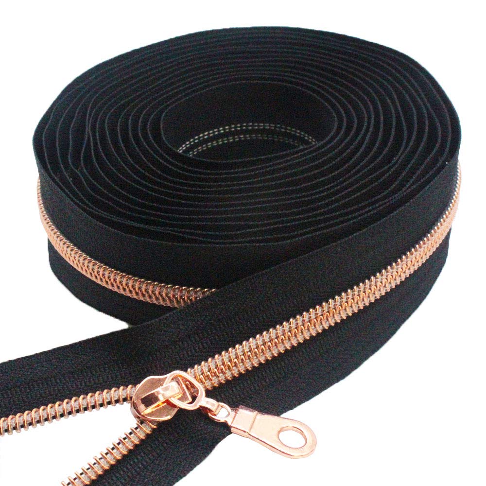 Mebuzip 5 Rose Gold Metallic Nylon Coil Zippers By The Yard Bulk Coil Zipper Roll 10 Yards With 25Pcs Pulls For Diy Sewing Craft
