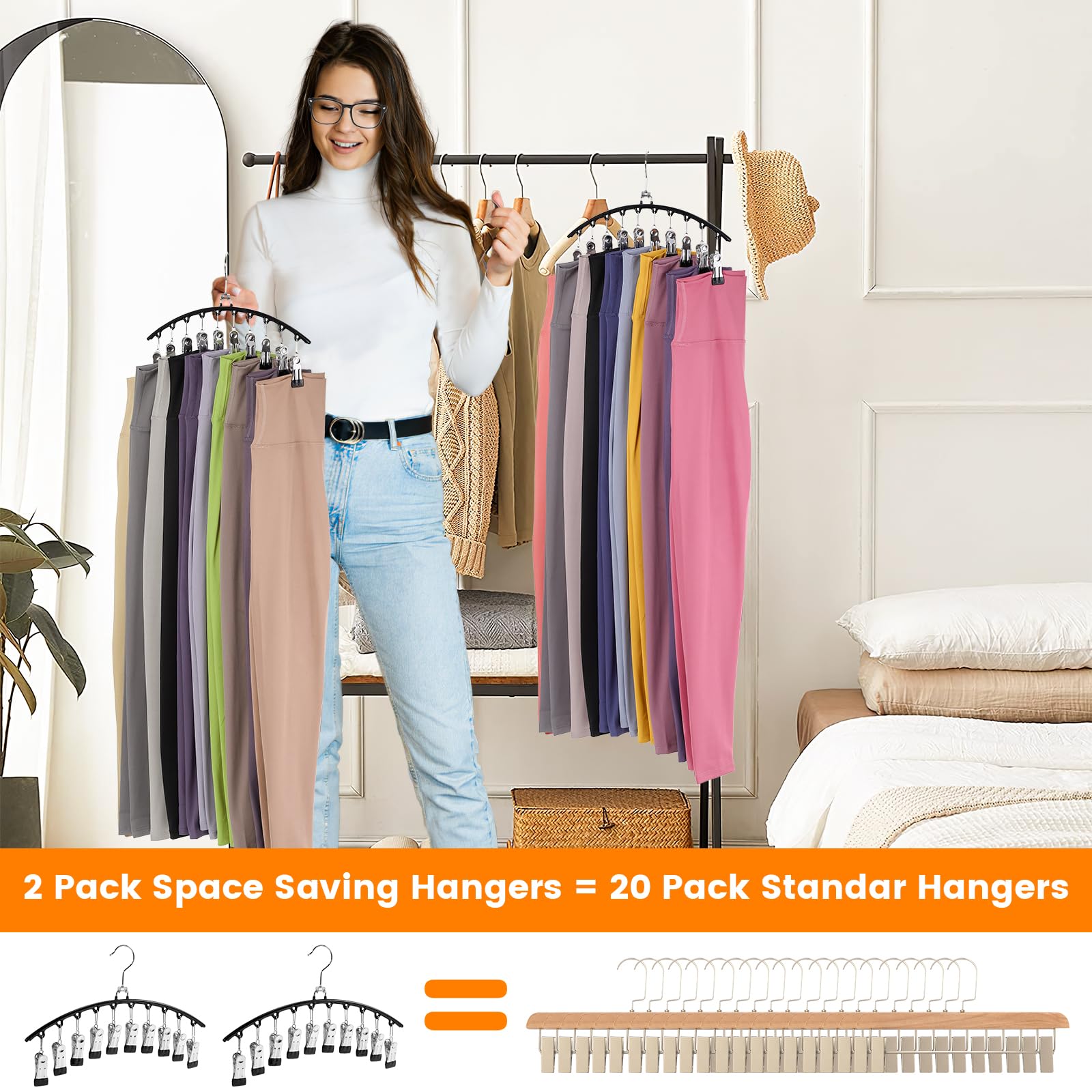 Legging Organizer For Closet, 2 Pack Metal Yoga Pants Hangers W/10 Clips Holds 20 Leggings/Hats/Jeans/Skirts Space Saving Closet