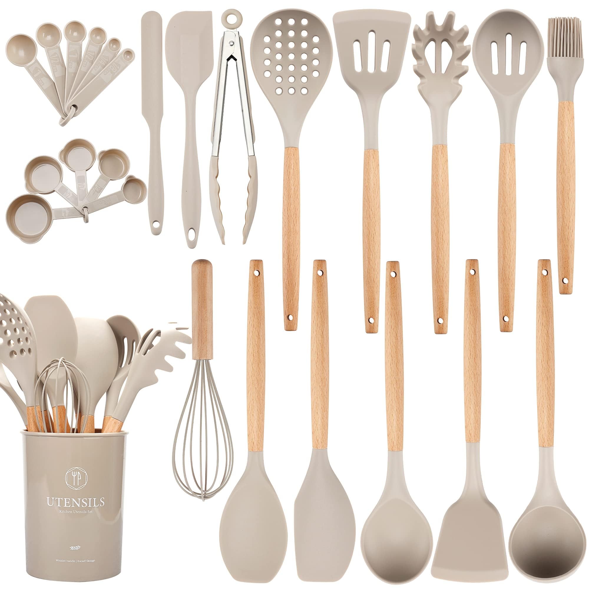 Hvygss 26 Pcs Kitchen Utensils Set With Holder, Large Silicone Cooking Utensils Set For Nonstick Cookware Wooden Handle Spatulas