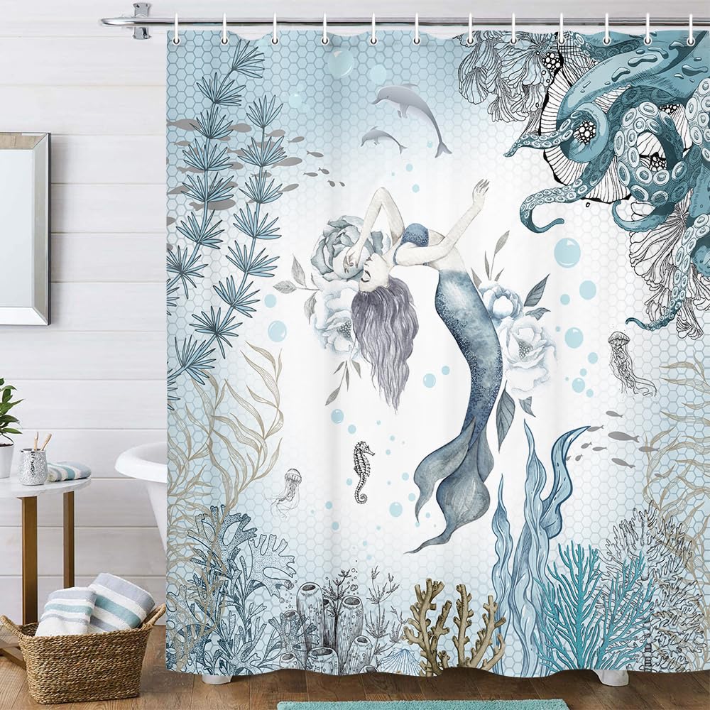 Mermaid Shower Curtain, Sea Ocean Octopus Coral Reef Fish Seashell Jellyfish Theme Waterproof Fabric Bathroom Curtains, Teal And