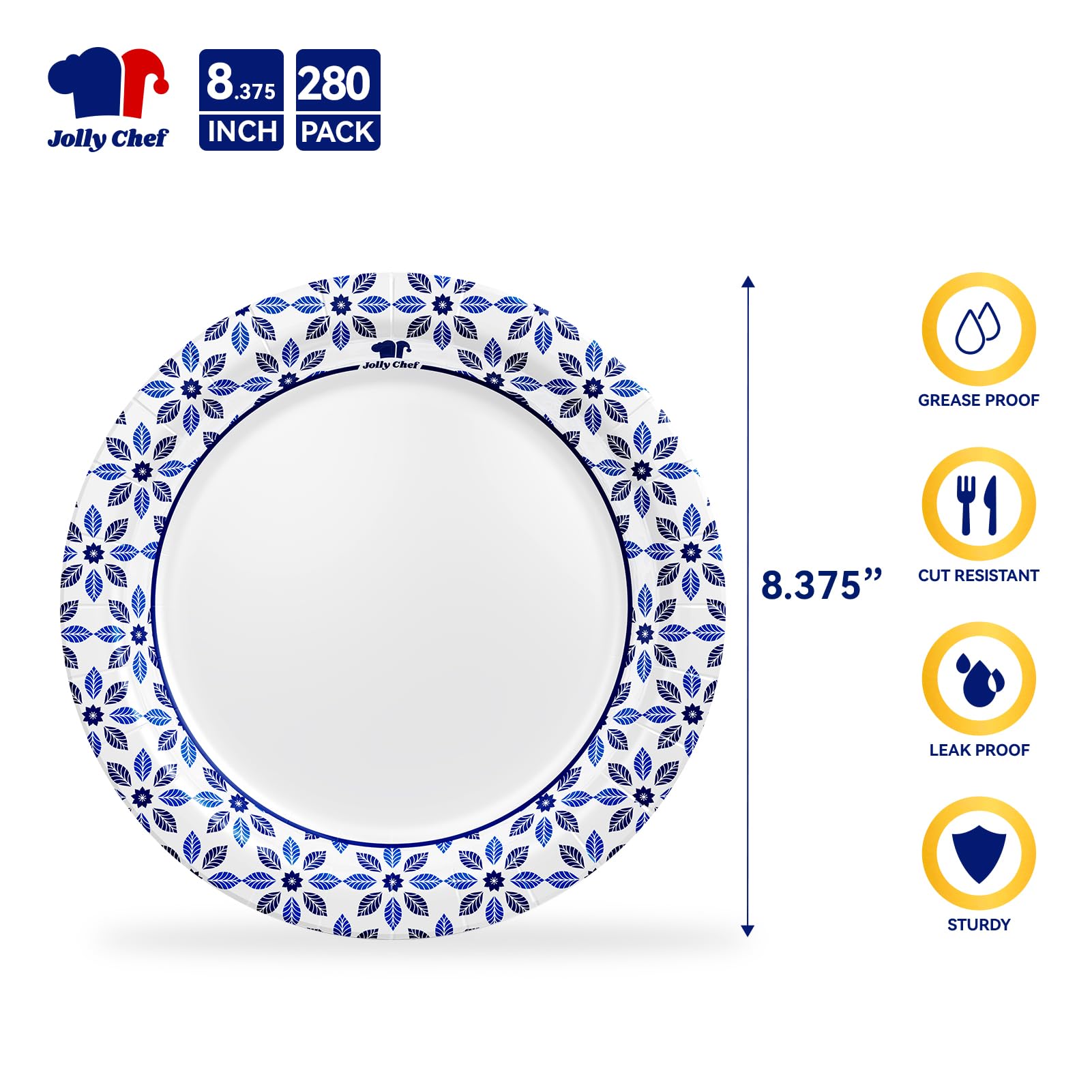 JOLLY CHEF 8.37 inch Paper Plates 280 Count Soak Proof  Cut Proof  Microwave Safe Heavy Duty Printed Disposable Plate for Everyday Use