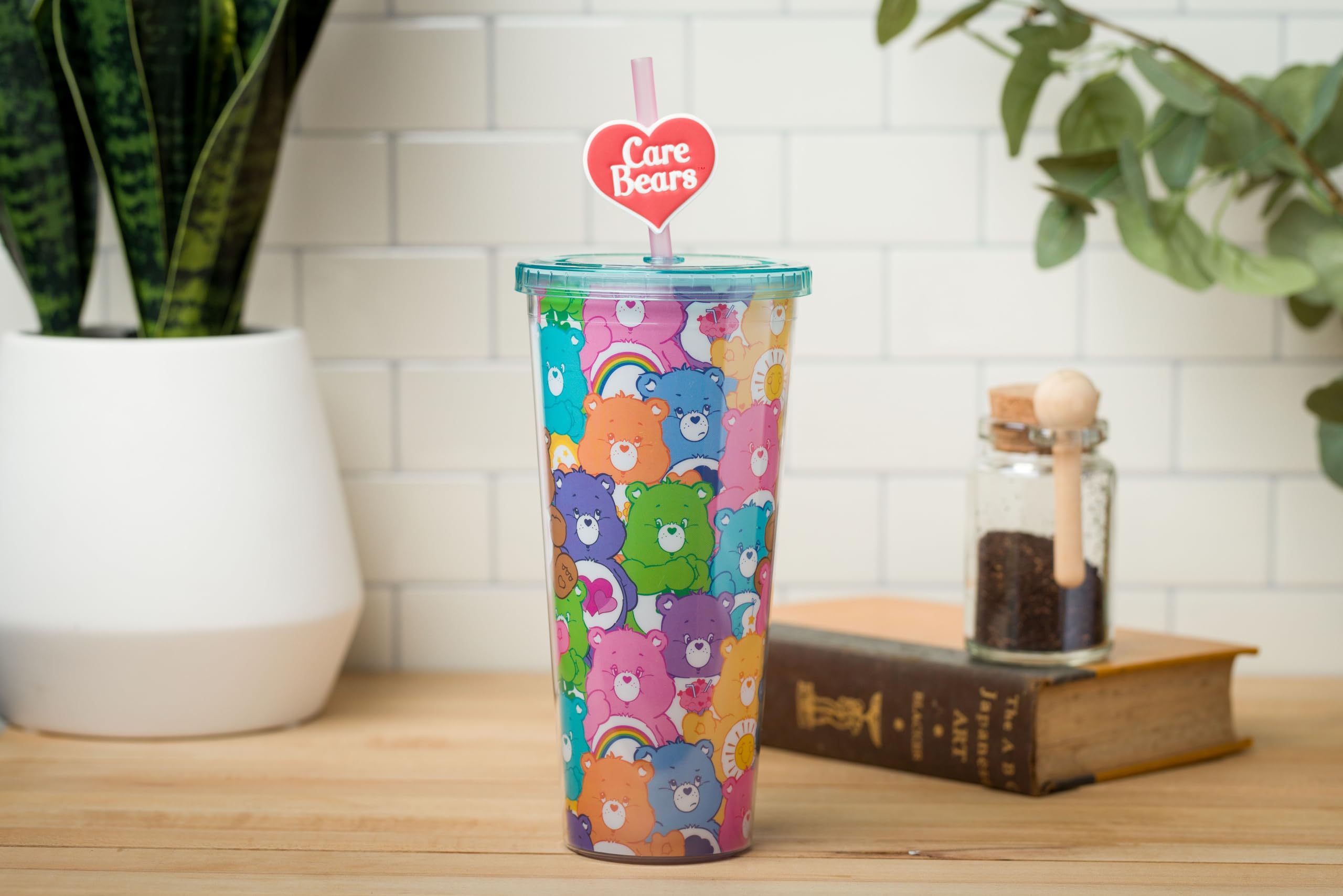 Silver Buffalo Care Bears Multi Bear All Over Plastic Cold Cup With Lid And Topper Straw, 24 Ounces