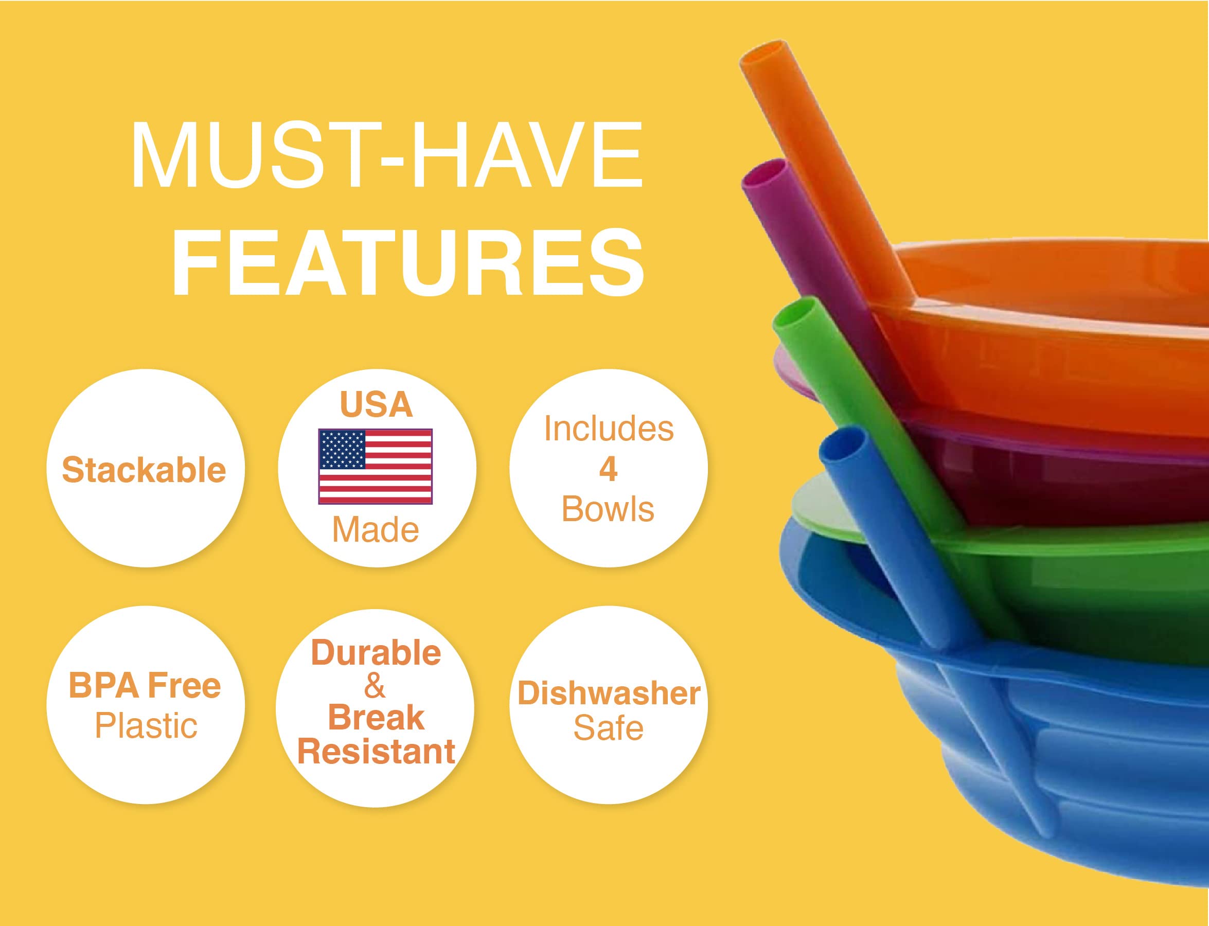 Arrow Home Products Sip-A-Bowl Set, 22Oz, 4Pk - Bpa Free Straw Bowls For Kids To Sip Up Every Drop Without The Mess - Made In Th
