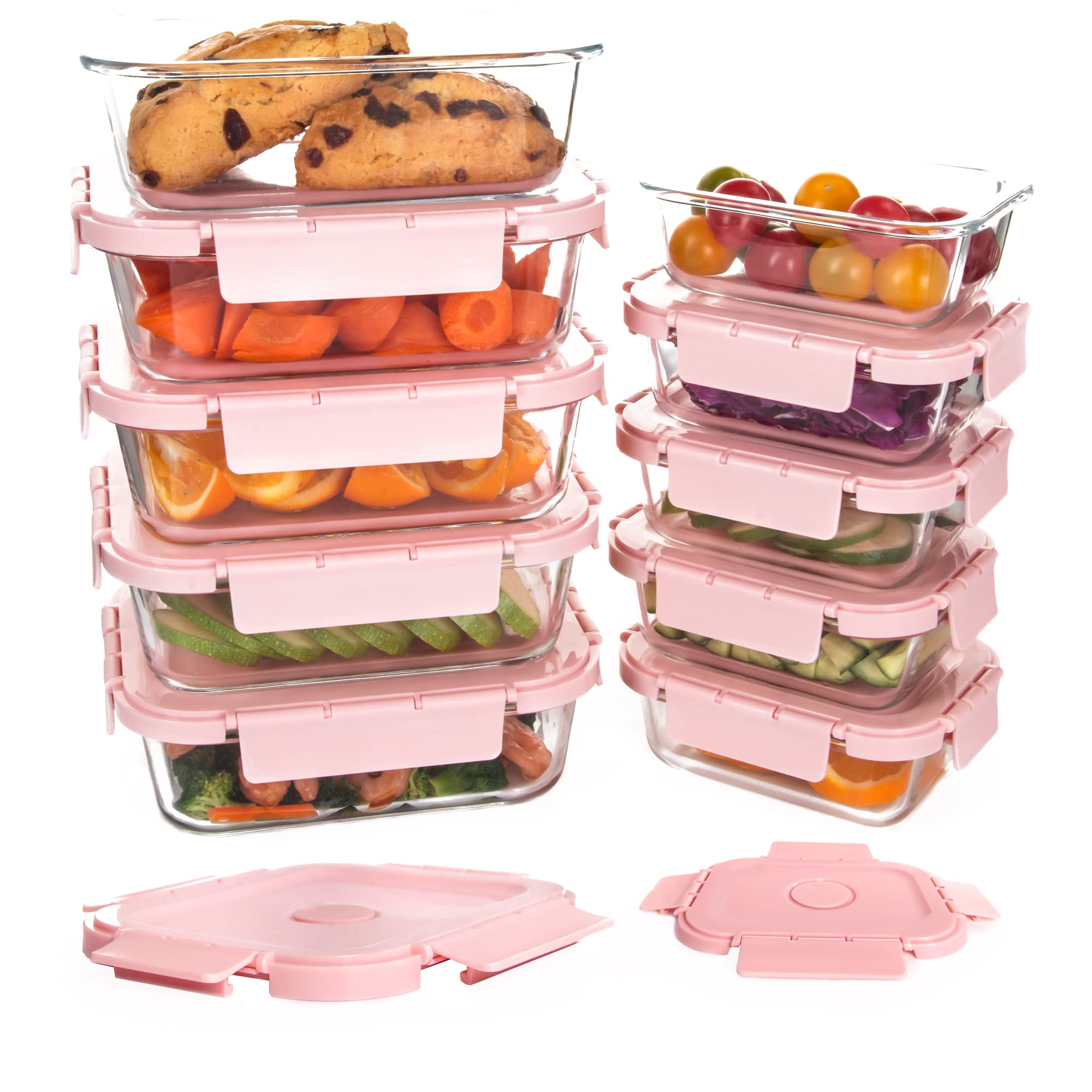 HAKEEMI Glass Meal Prep Containers 10 Pack, Food Storage Containers with Snap Locking Lids Airtight Built in Air Vents, Glass Co