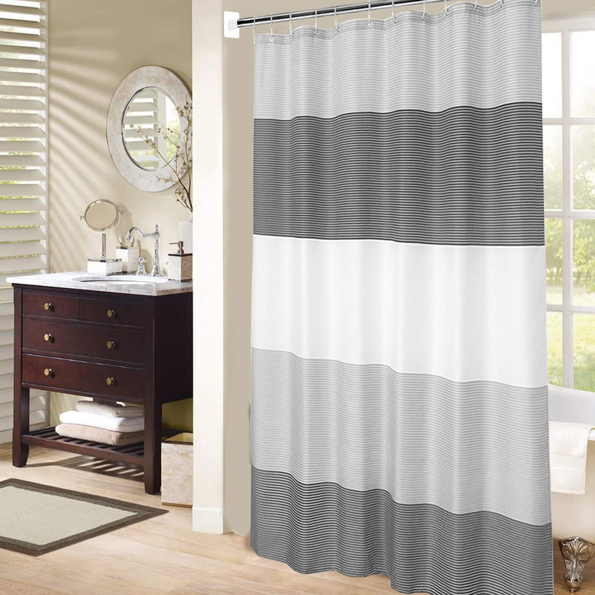 Mornite Shower Curtain Black And Grey, Shower Curtain For Men Bathroom White Neutral Stripes Polyester Fabric 12 Hooks 72''X72''