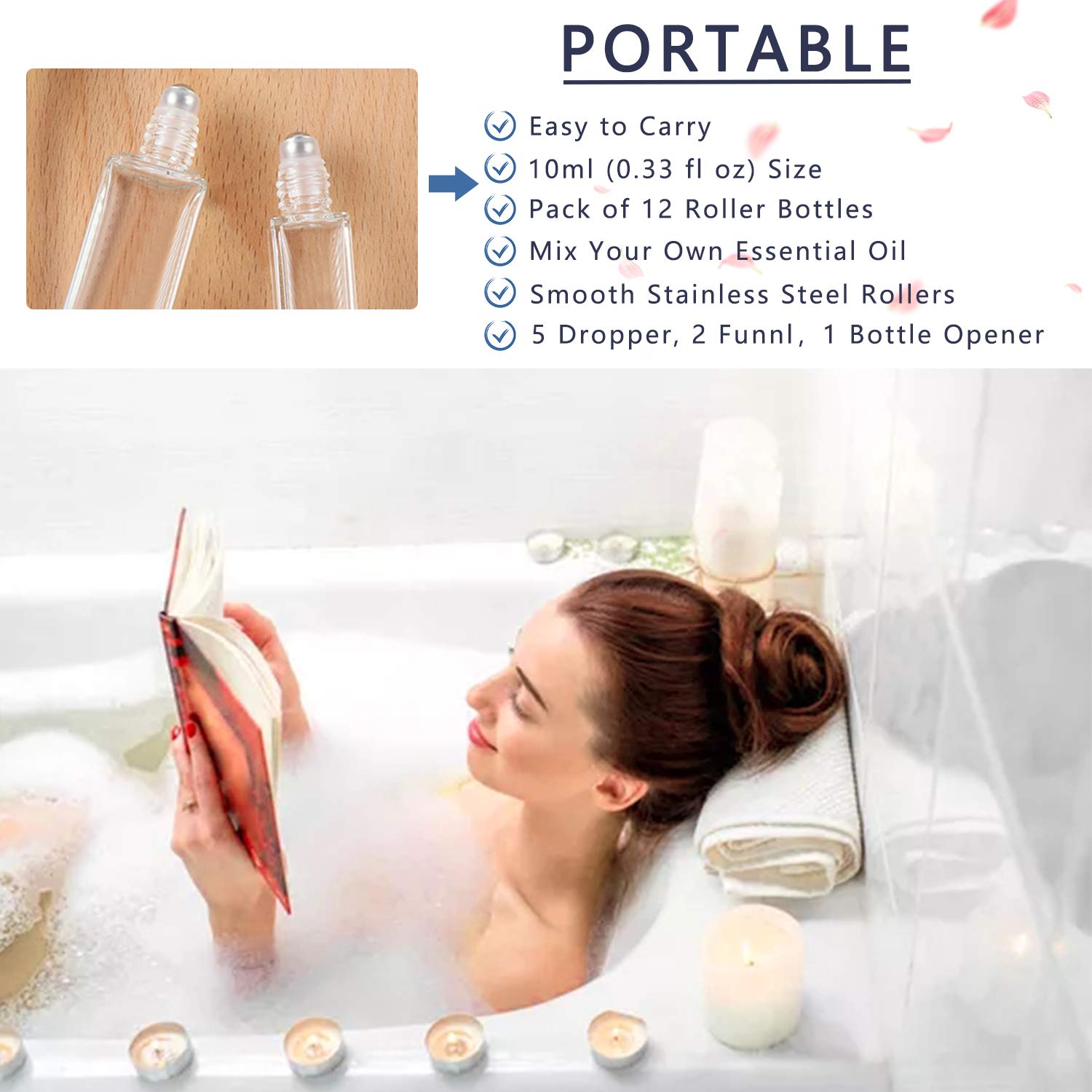 Wifreo 12Pcs 10Ml Glass Roll On Bottle For Essential Oils, Eco-Friendly Refillable Clear Perfume Sample Bottles With Stainless S