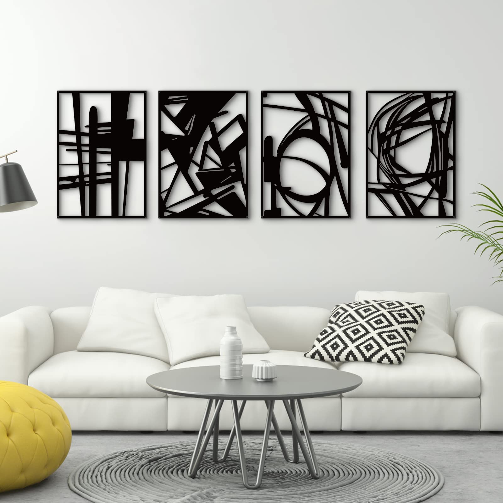 Glamativity Large 4 Pack Black Abstract Metal Wall Art, Minimalist D  cor Single Line Art Wall D  cor, 3D Textured Metal Wall Sc