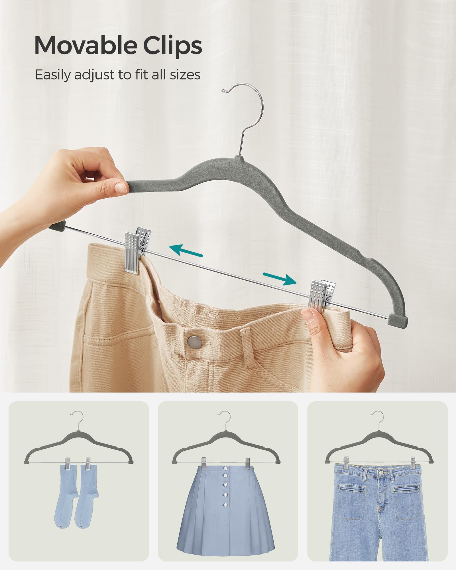 Songmics 20-Pack Pants Hangers, 16.7-Inch Long Velvet Hangers With Adjustable Clips, Heavy-Duty, Non-Slip Skirt Hangers, Space-S