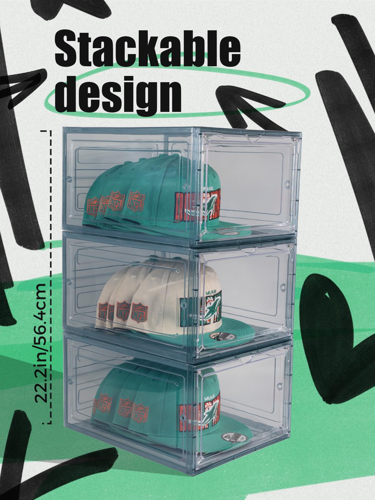 SCAVATA Hat Organizer Box - Stackable Clear Baseball Cap Storage, Holds 8 Hats, Magnetic Door, Blue
