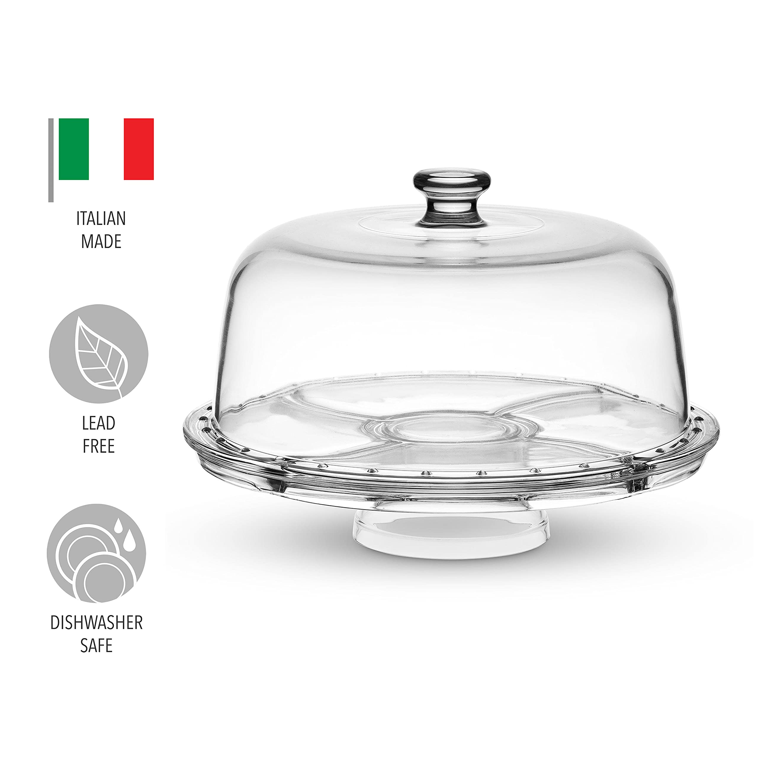 Godinger Cake Stand And Serving Plate Platter With Dome Lid, 6 In 1 Multi-Purpose Use, Crystal Glass Footed Cake Stand, Salad Bo