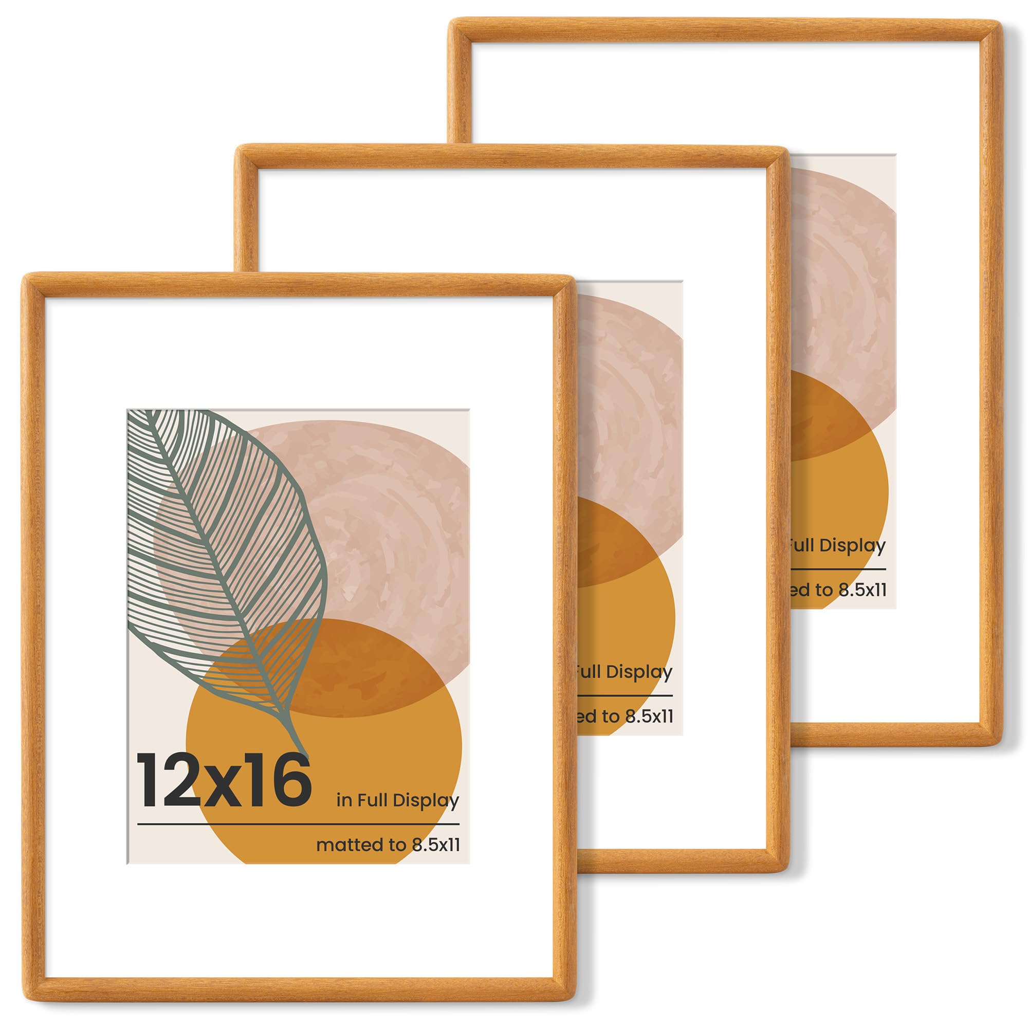 Axeman 12x16 Frame Set of 3 - Solid Teak Wood 12x16 Picture Frame With Mat for 8.5x11 - Rounded Corner 12 x 16 Frame with Temper