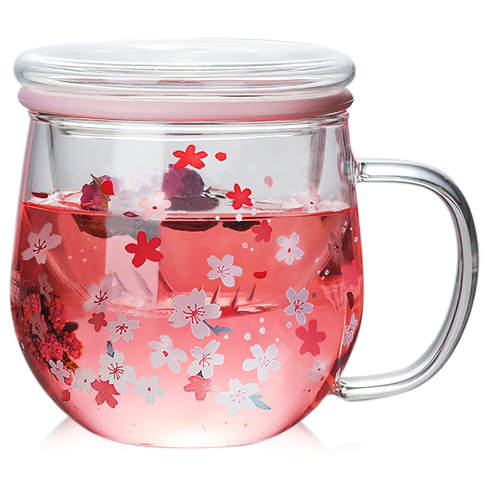 SZHTSWU Cherry Blossom Glass Cup and Coaster, Glass Teacup with Infuser and Lid, 300ml Clear Pink Flower Tea Infuser Mug Heat Re