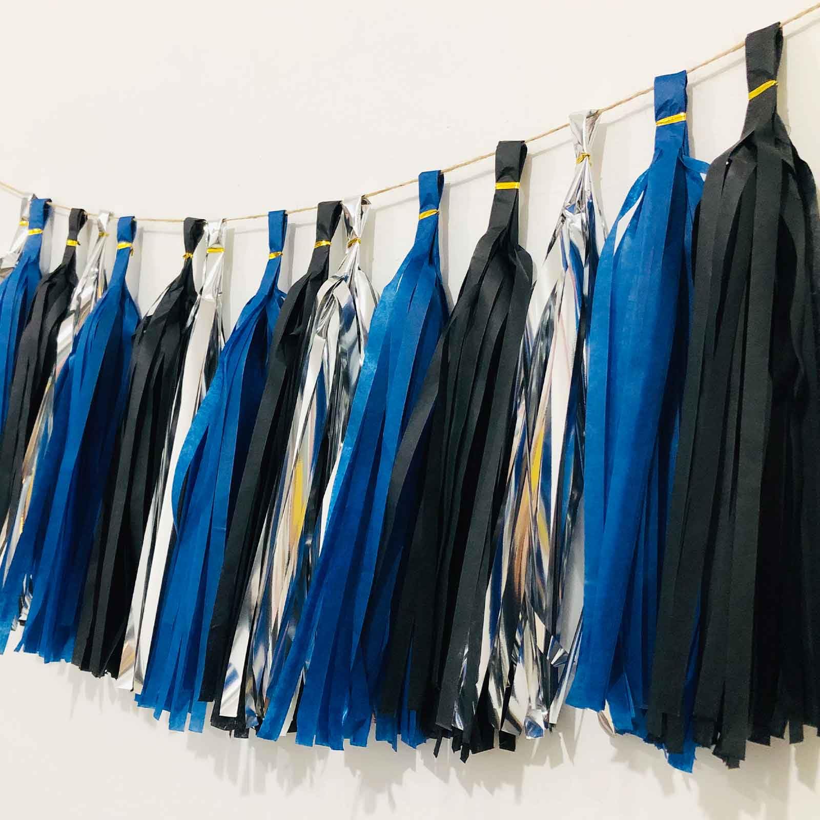 We Moment Black Navy Blue and Silvery Tissue Paper Tassels Party Tassel Garland Banner for Black Blue Party Decorations, DIY Kit