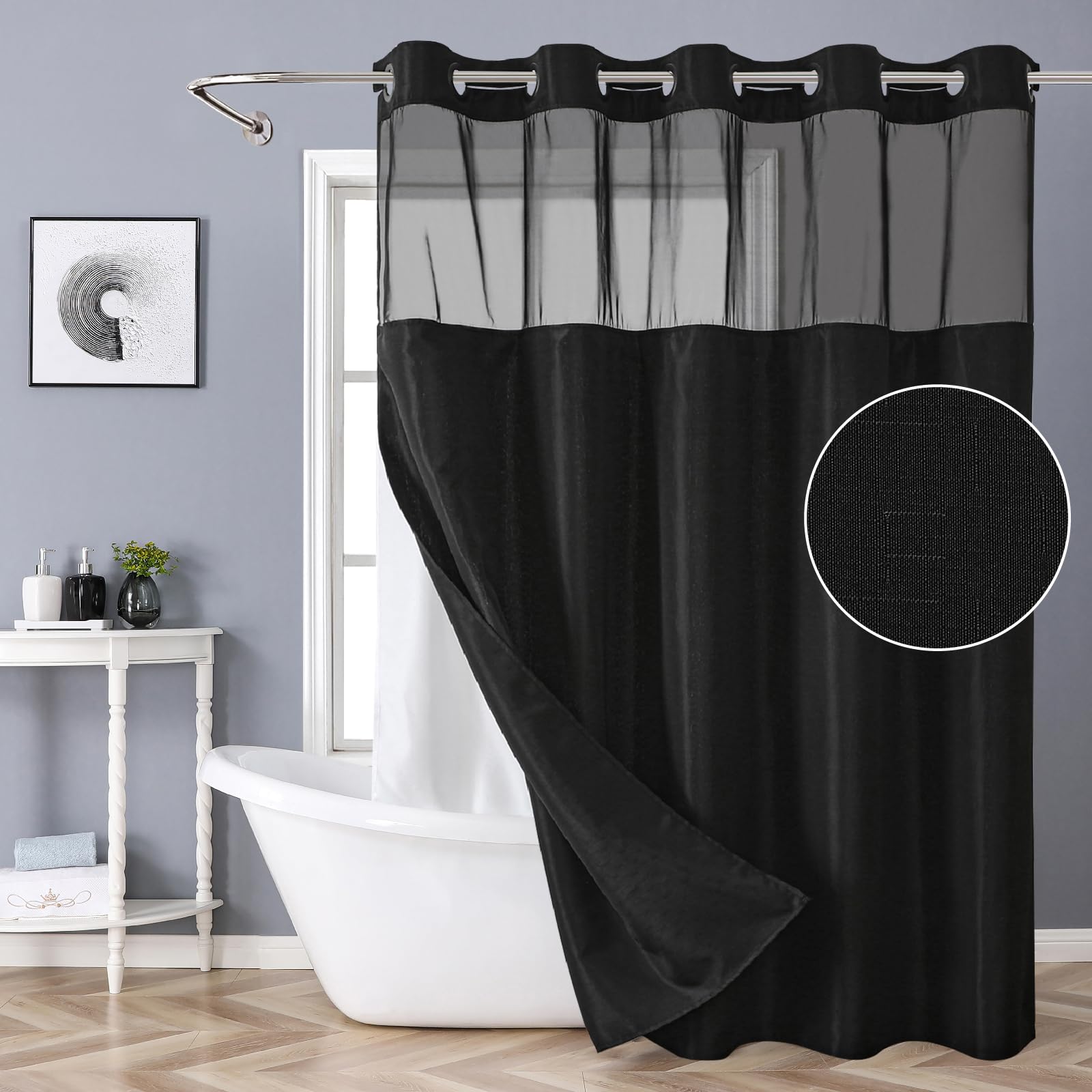 Eachope Black Long No Hook Shower Curtain With Snap-In Fabric Liner Set,Slub Textured Fabric Shower Curtains For Bathroom,Hotel