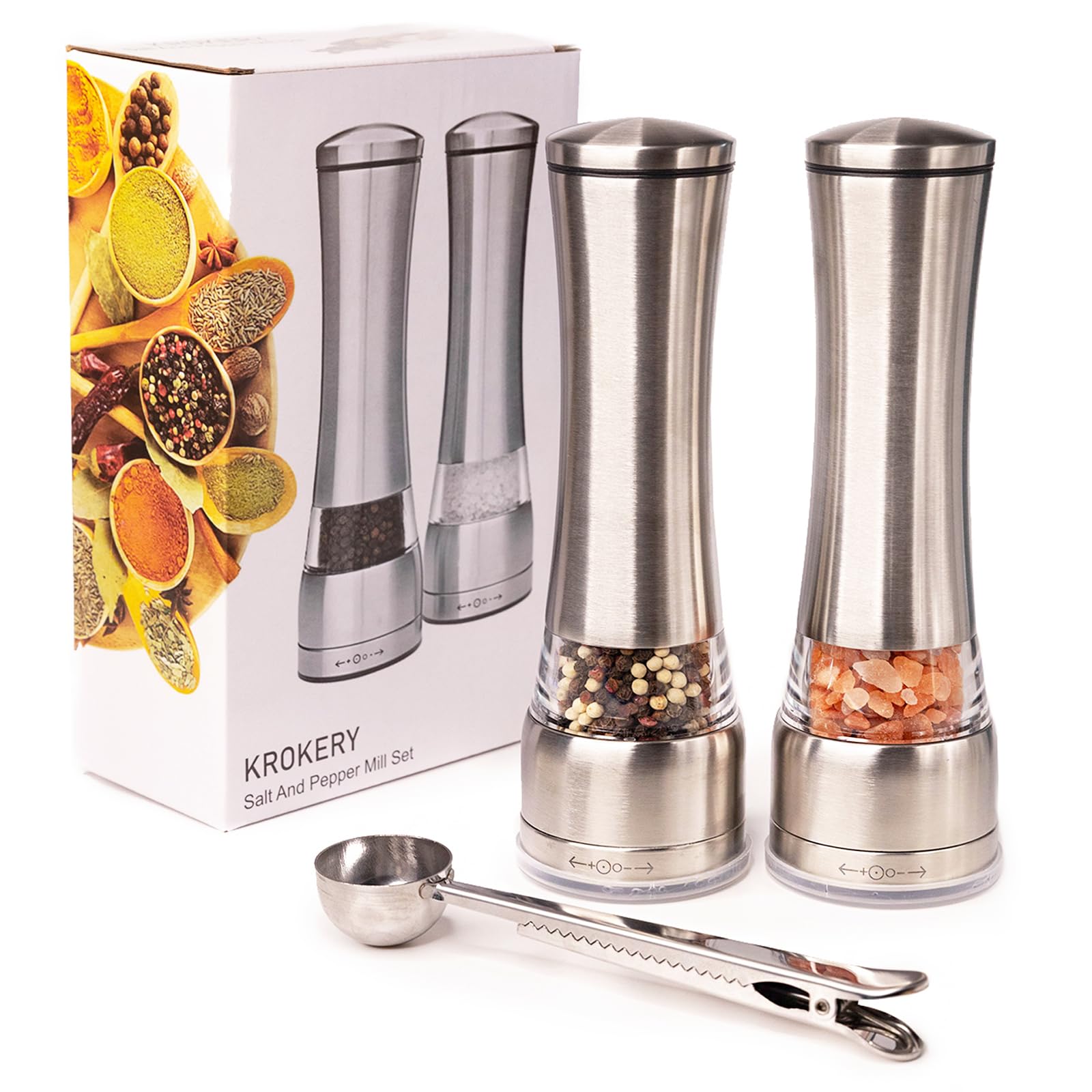 Krokery Manual Salt and Pepper Grinder Set Refillable and Adjustable Coarseness Spice Mill Stainless Steel Herb Grinder