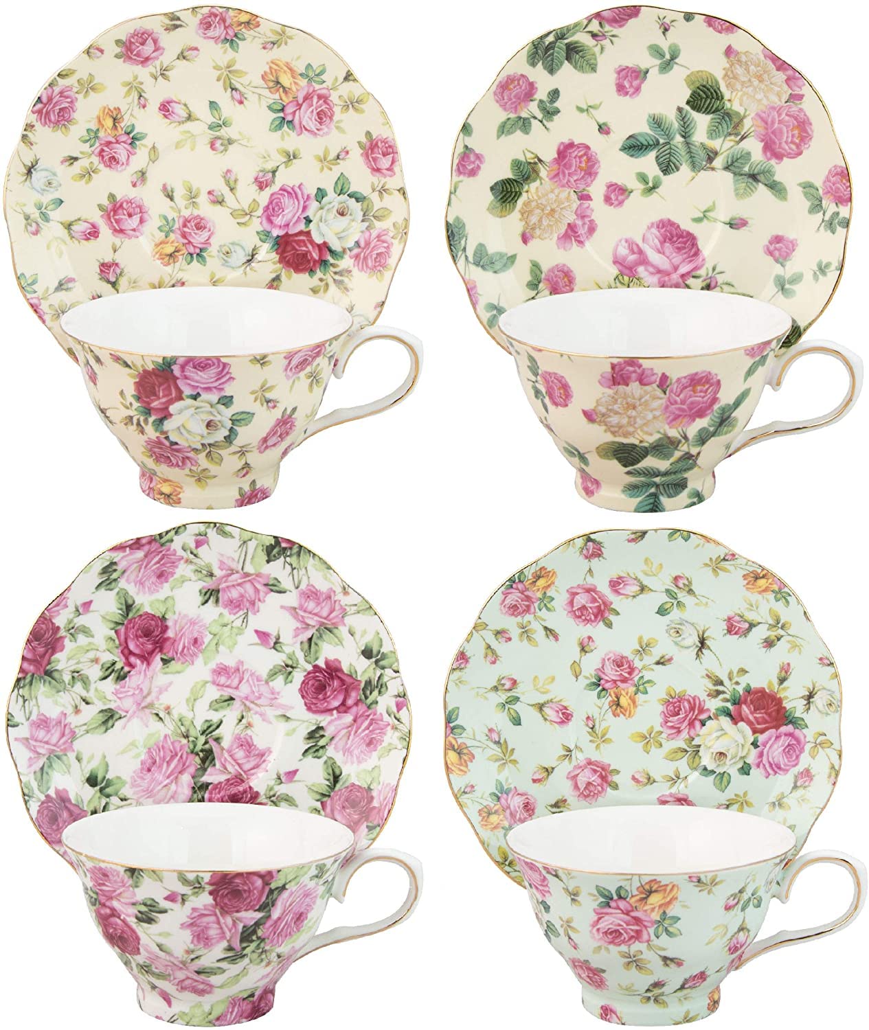 Gracie China By Coastline Imports Rose Chintz 8-Ounce Porcelain Tea Cup And Saucer, Set Of 4