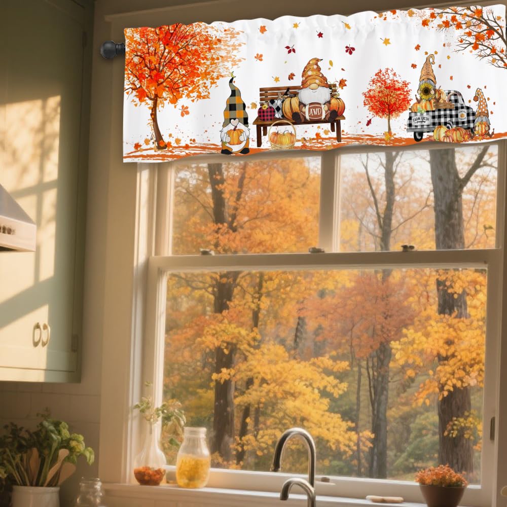 Finphoon Fall Kitchen Valances for Windows, Gnome Pumpkin Leaves Window Valances 54x18, Autumn Thanksgiving Farmhouse Rod Pocket
