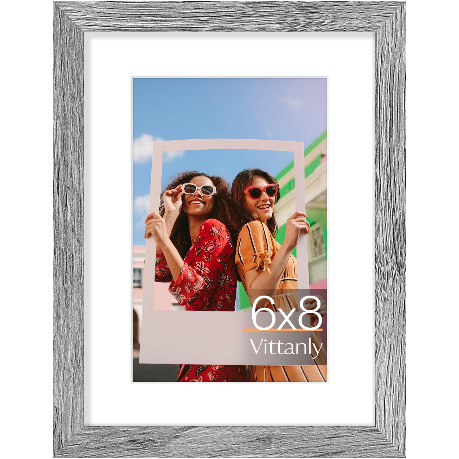 Vittanly 6x8 Picture Frame, Display Pictures 4x6 with Mat or 6x8 without Mat, Photo Frame for Wall or Table Top Display, Grey, 1