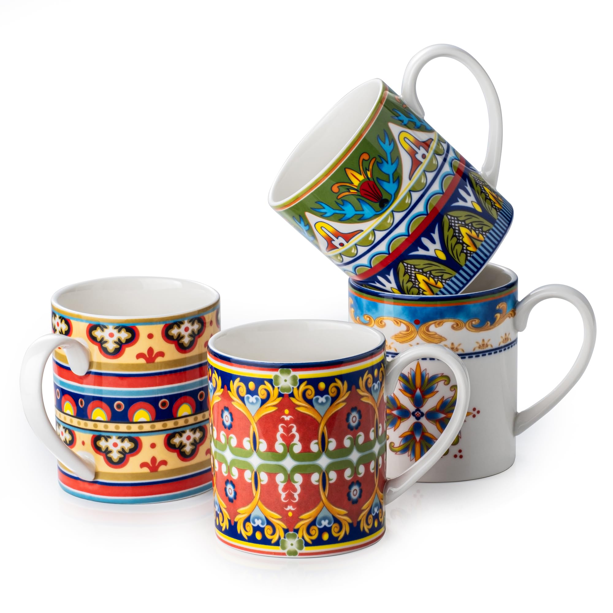UNICASA Ceramic Coffee Mug Set of 4, 10 oz Colorful Cups with Handle, Boho Style for Latte, Cappuccino, Cocoa, Microwave & Dishw