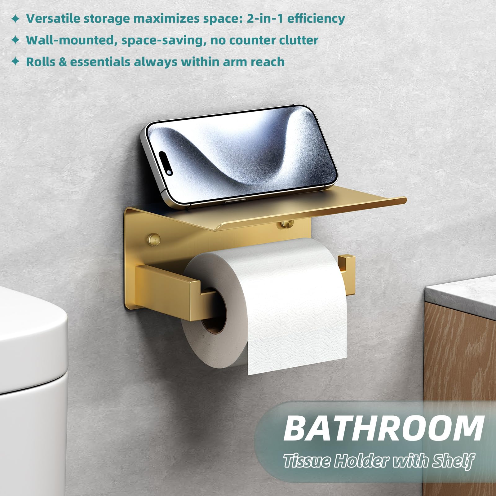 Toilet Paper Holder with Shelf Brushed Gold  APLusee SUS 304 Stainless Steel Modern Bathroom Accessories Tissue Roll Dispenser Storage