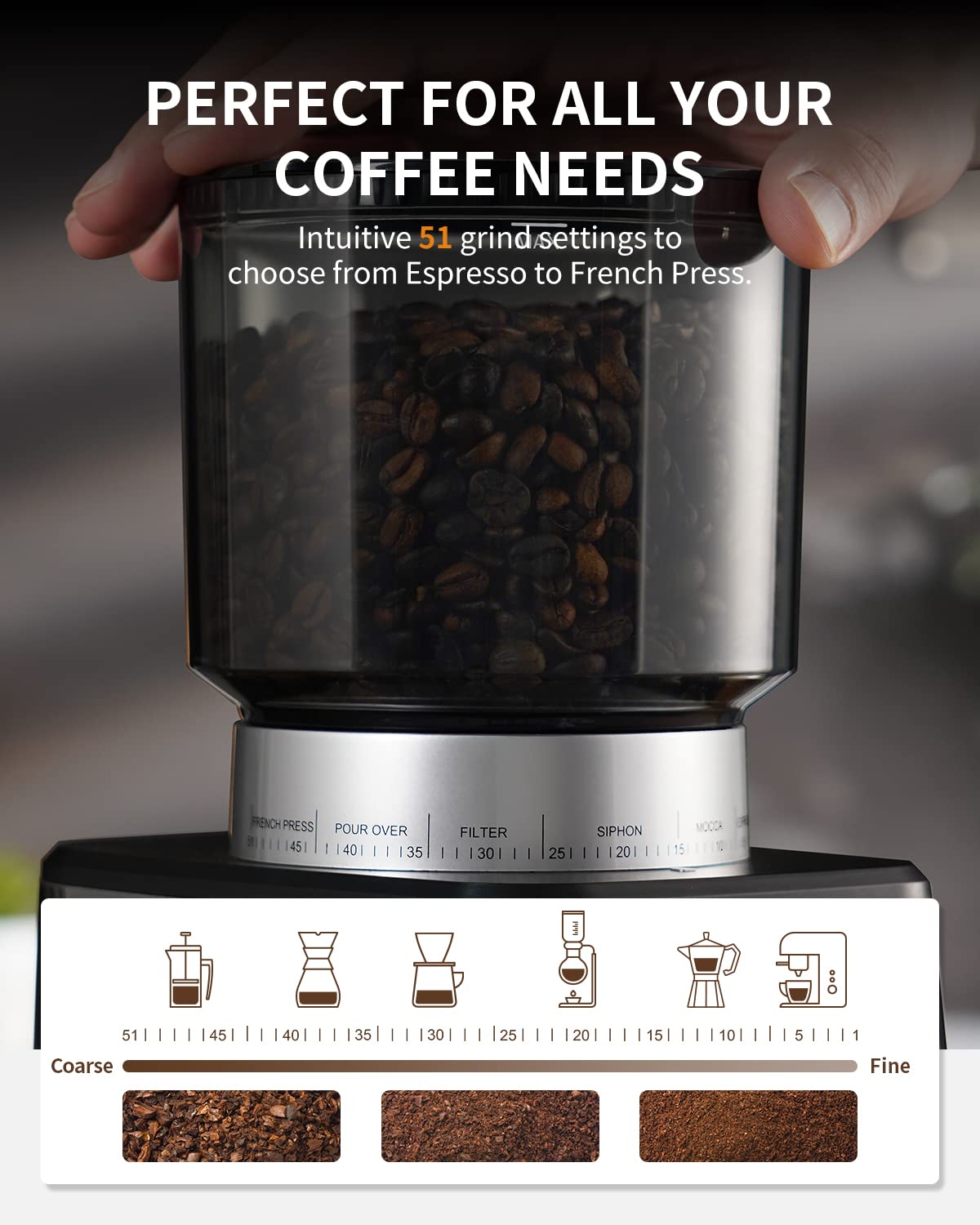 SHARDOR Conical Burr Espresso Coffee Grinder, Electric, Precision Timer 2.0, Stainless Steel, Medium Size, Model CG018, Silver